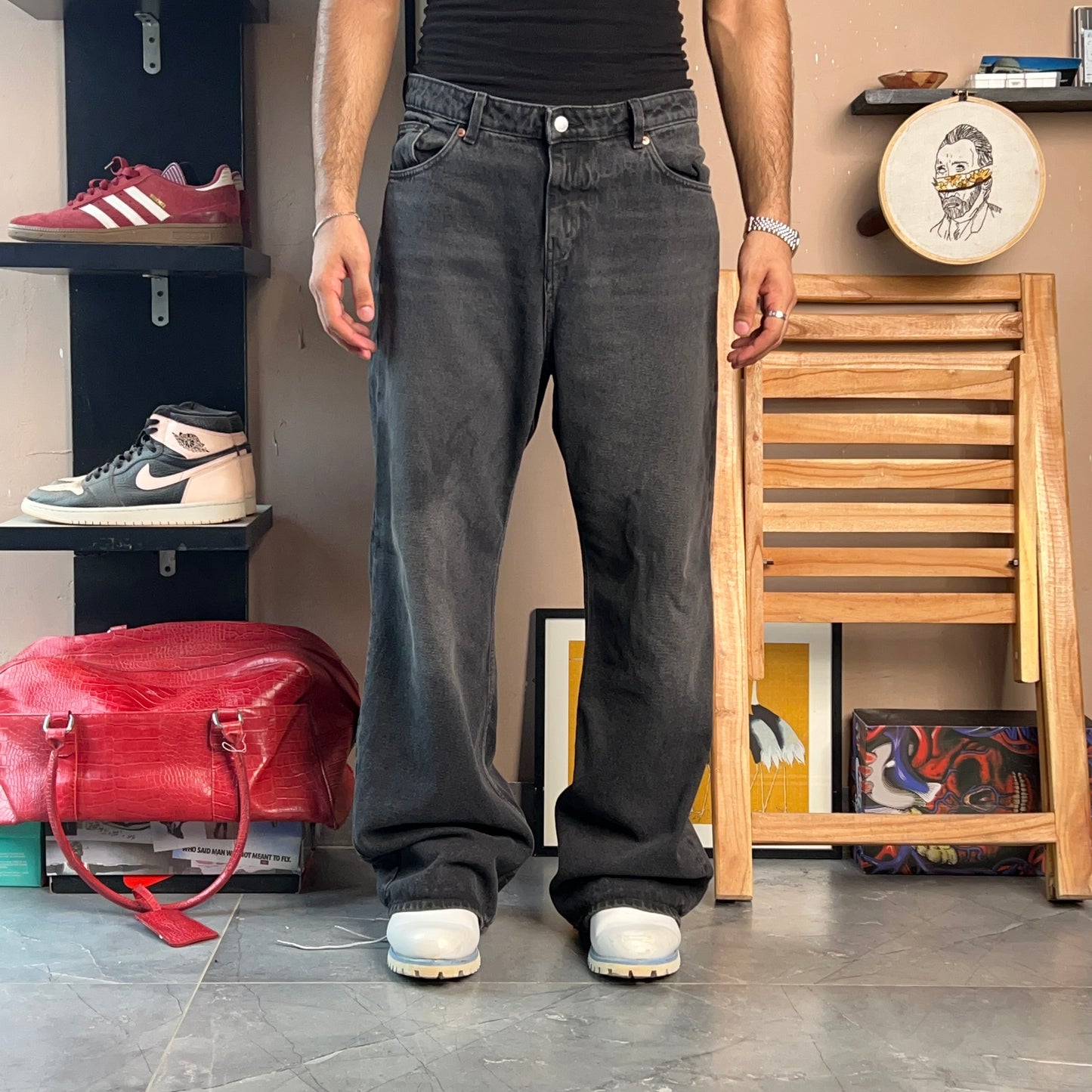 MONKI SUPER BAGGY DARK GREY WASHED DENIM PANTS