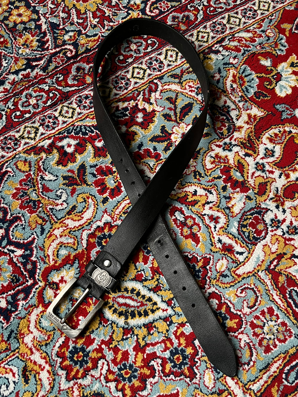 Diesel Black Leather Belt Only The Brave Mohican Logo Buckle