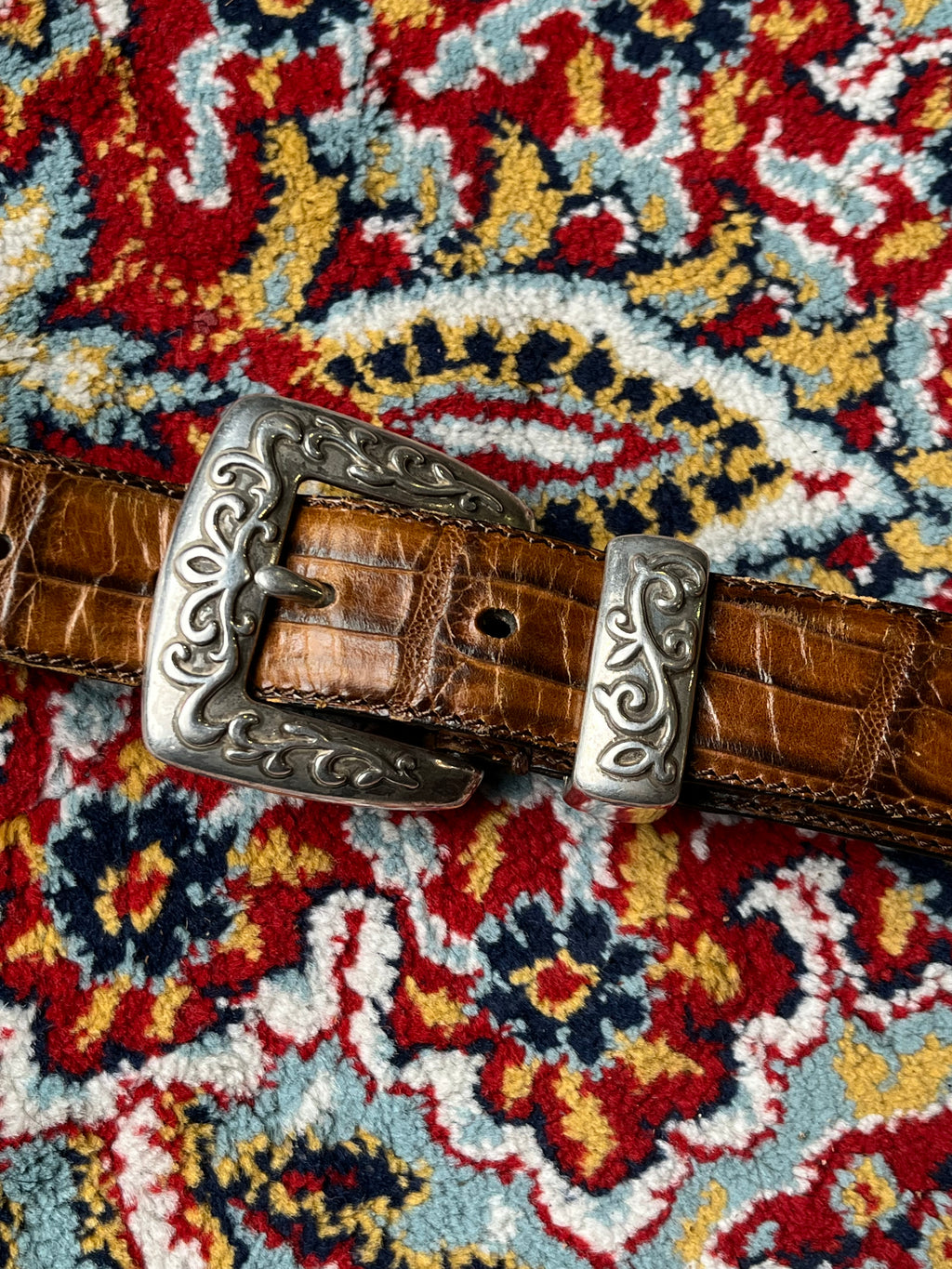 Vintage Western Ranger Belt Brown Croc Embossed Leather Silver Engraved Buckle Set