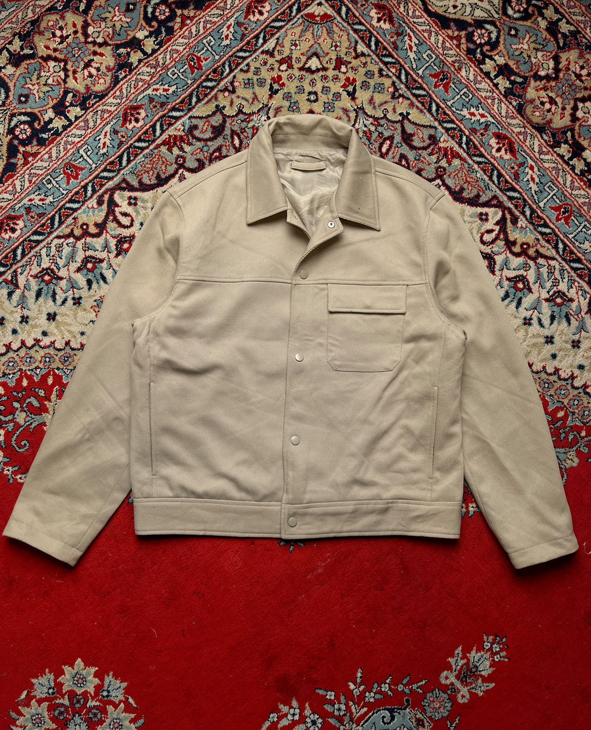 Minimalist Snap Button Workwear Twill BEIGE Overshirt Jacket - L