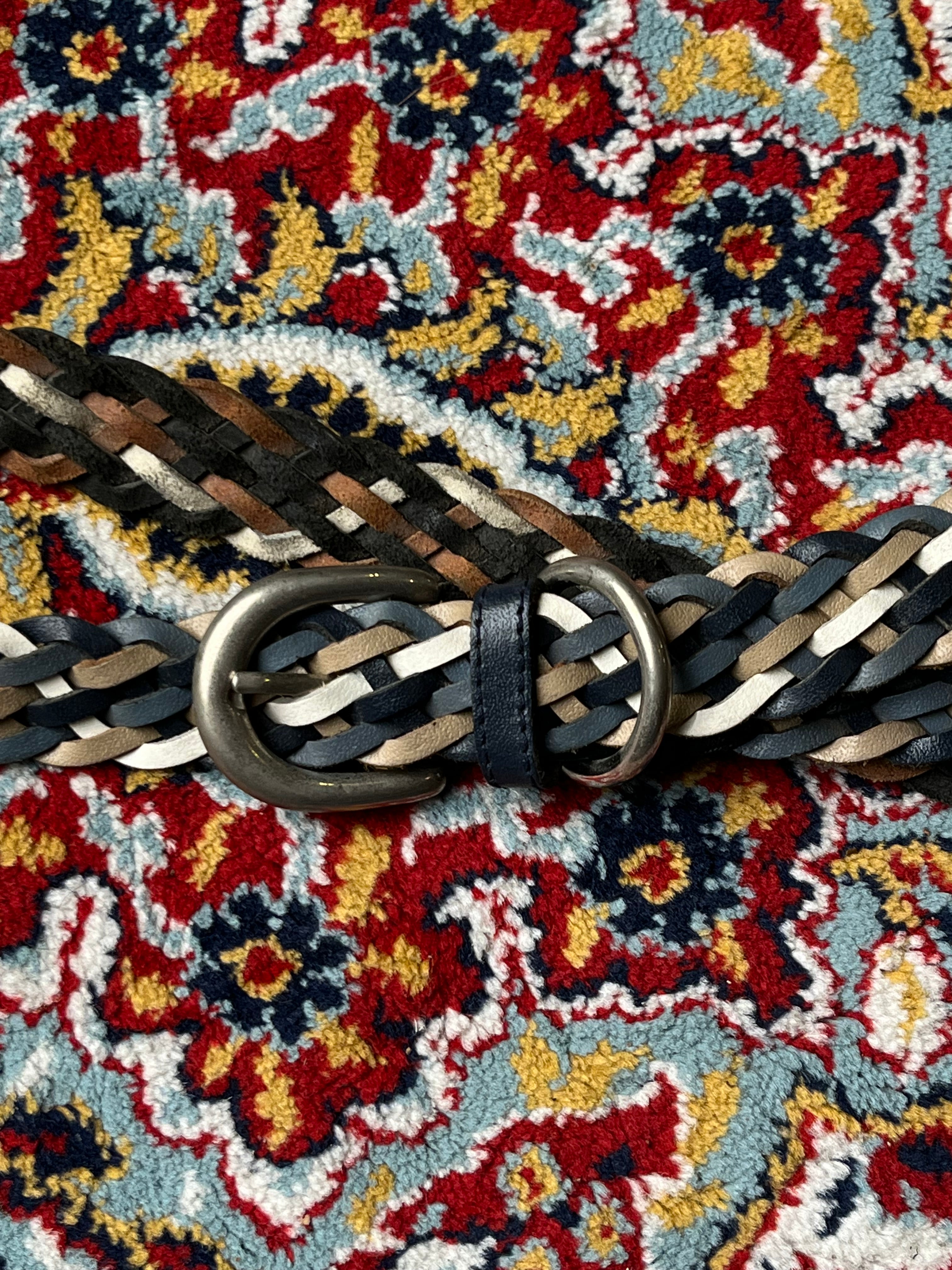 Multi Color Braided Woven Leather Belt Tri Tone Black Tan Cream