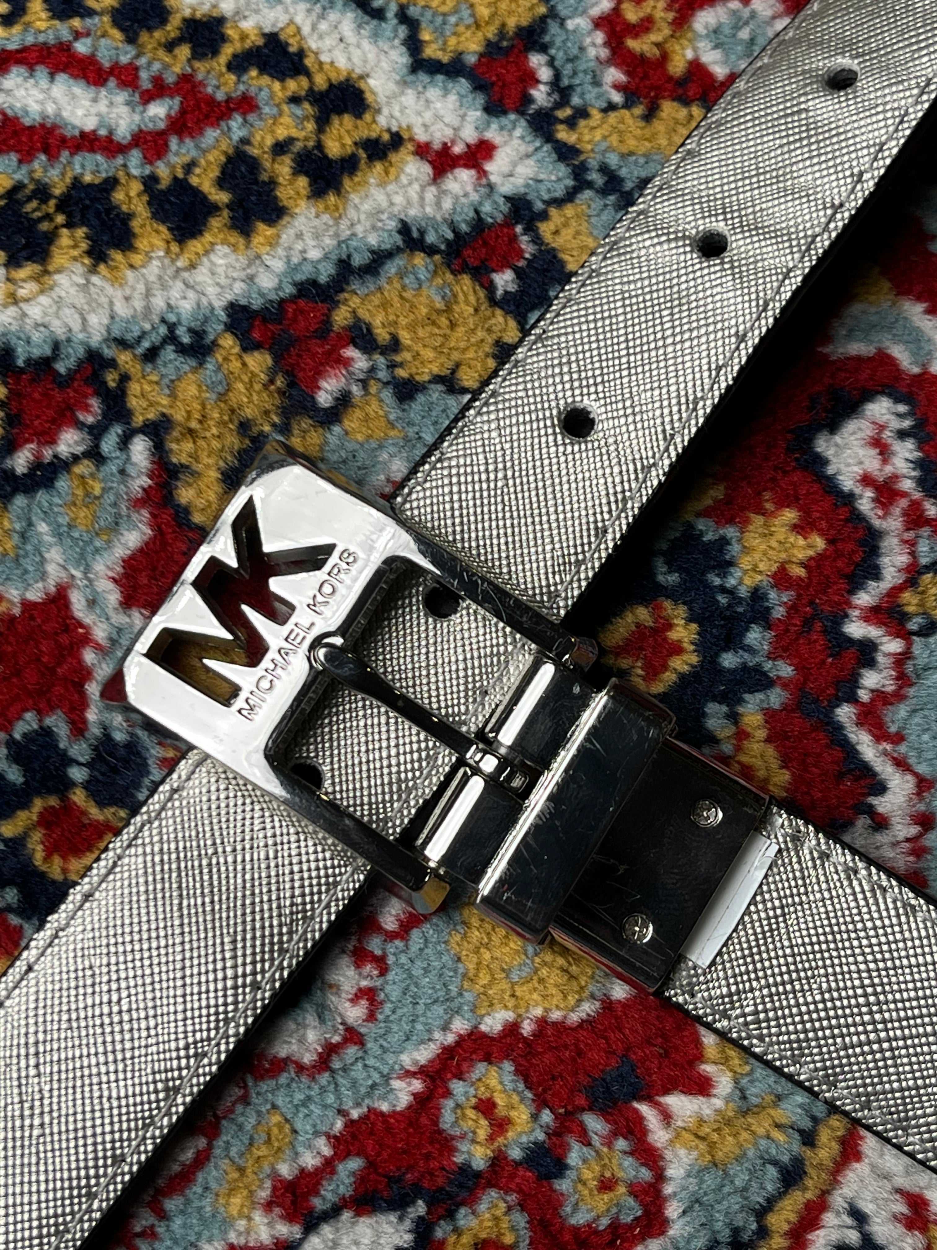 Michael Kors MK Reversible Saffiano Leather Belt Silver Monogram Buckle