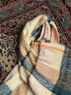 Steve Madden Oversized Plaid Scarf Muffler Cream Teal Fringe