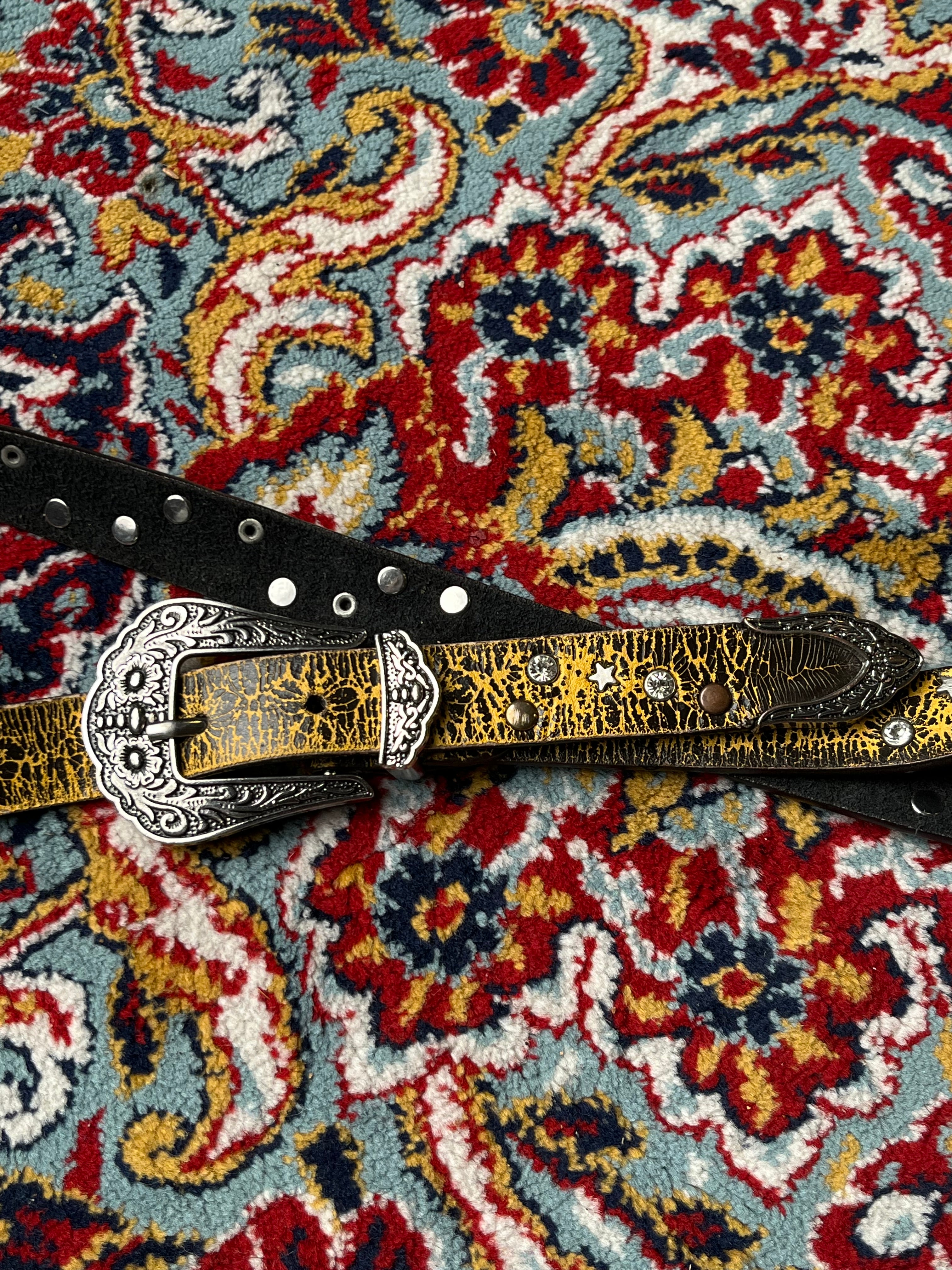 Vintage Bling Rhinestone Cowboy Belt Metallic Gold Distressed Leather