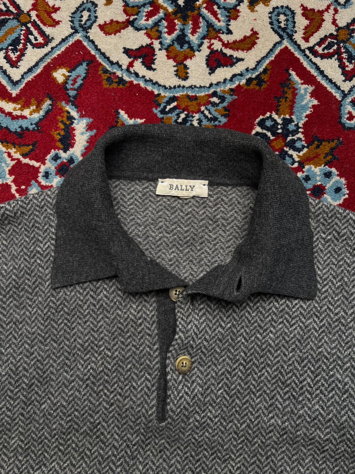 Vintage Bally Herringbone Knit Polo Sweater - S