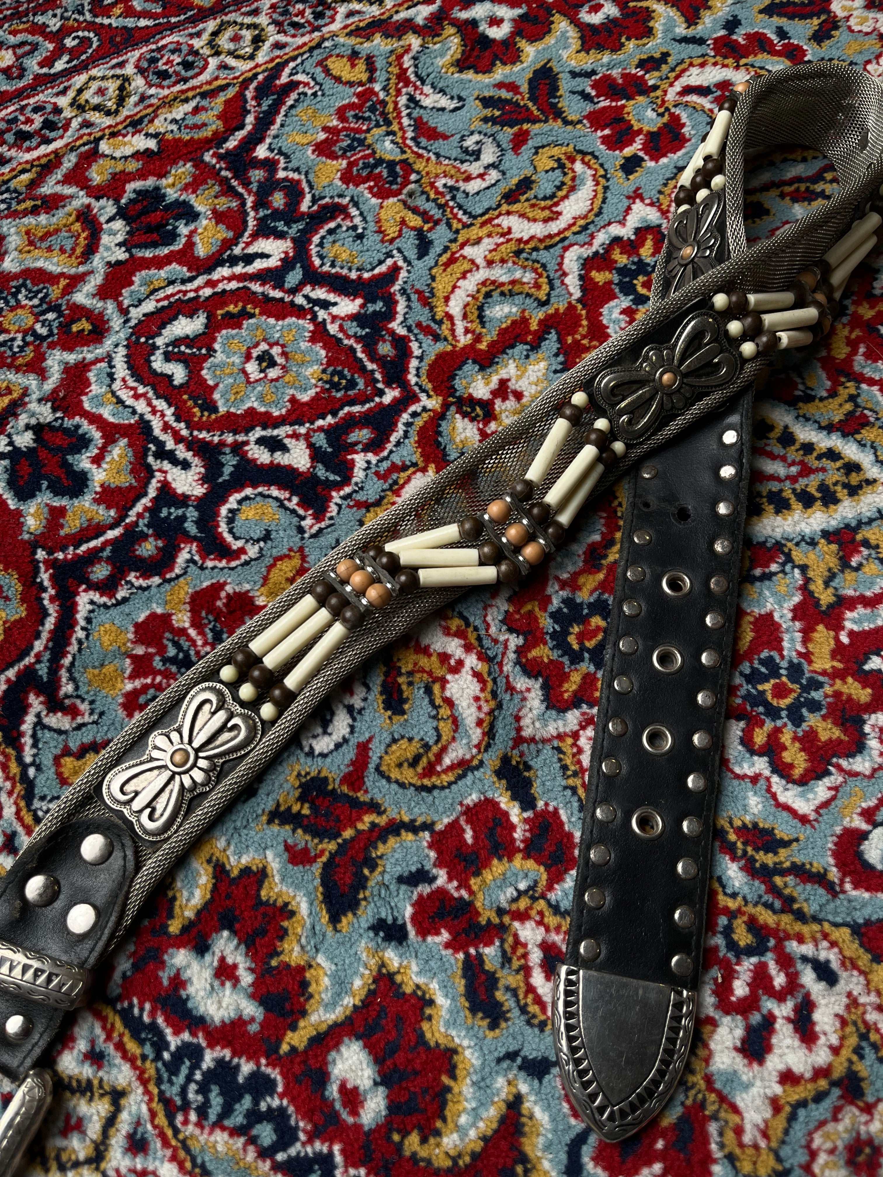 Vintage Southwestern Hairpipe Bone Belt Western Metal Floral Studded Leather Belt