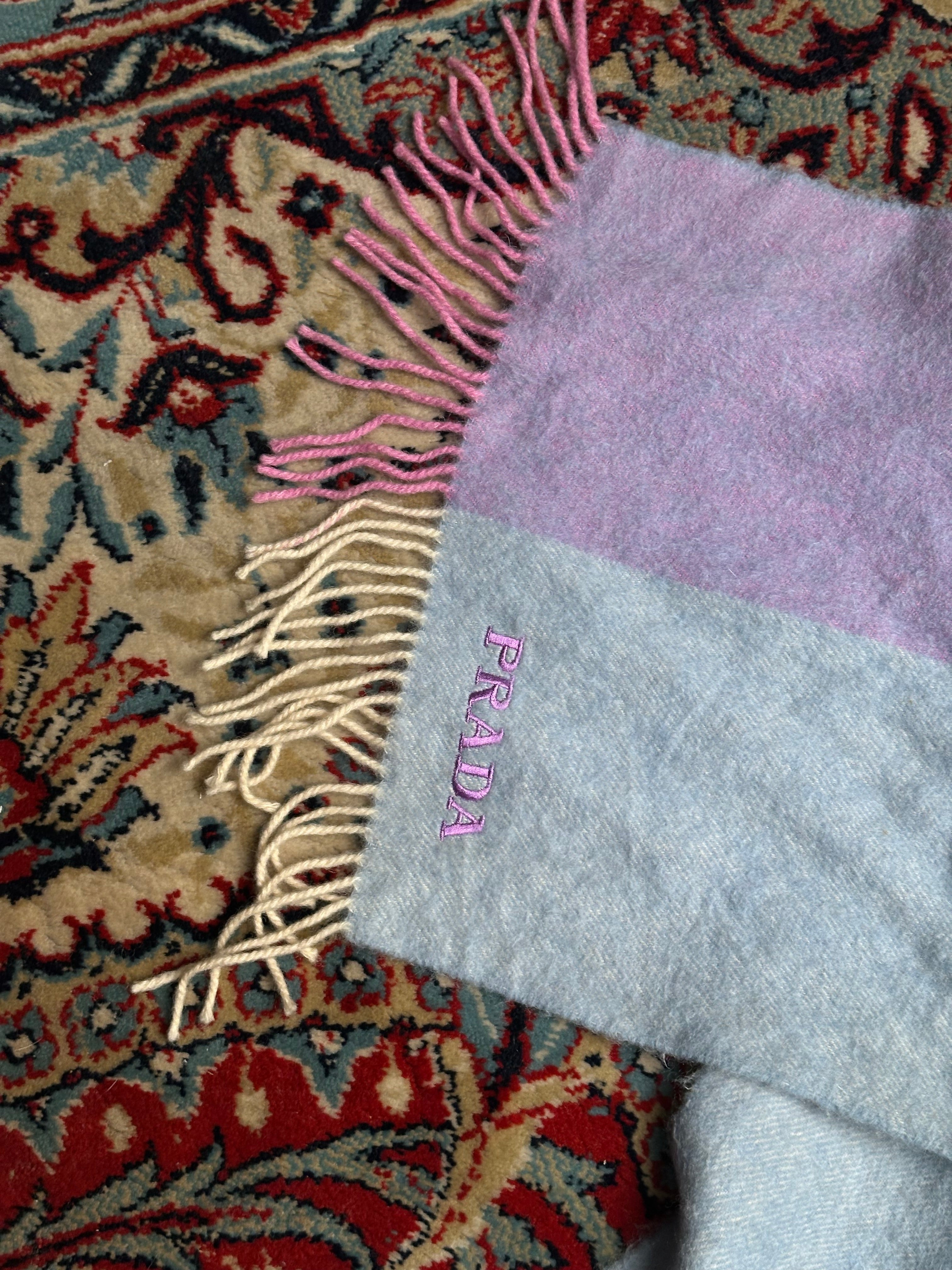 Prada Luxury Italian Made Pastel Blue & Lilac Fringed Wool Scarf