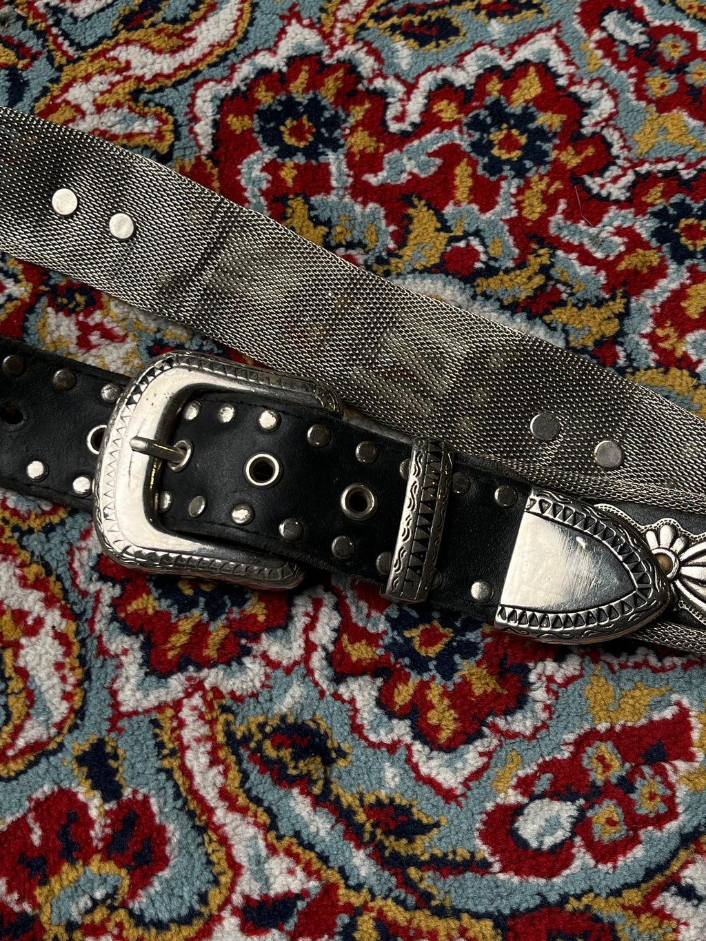 Vintage Southwestern Hairpipe Bone Belt Western Metal Floral Studded Leather Belt