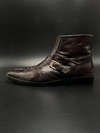 Dark Brown Leather Ankle Boots Double Monk Strap Side Zip Square Toe - 43