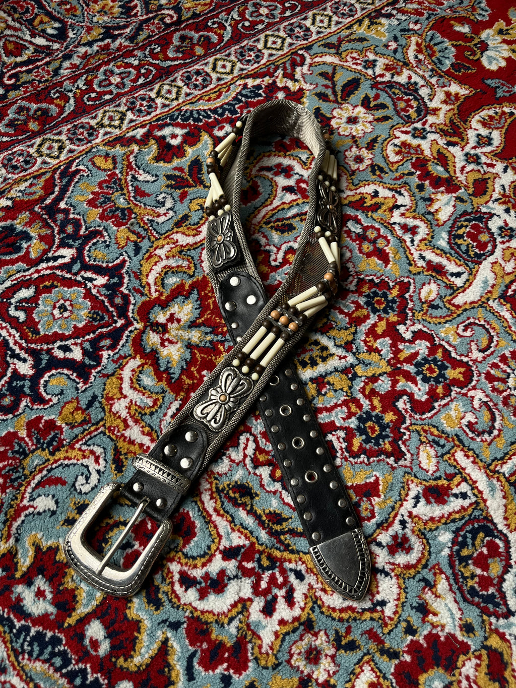 Vintage Southwestern Hairpipe Bone Belt Western Metal Floral Studded Leather Belt