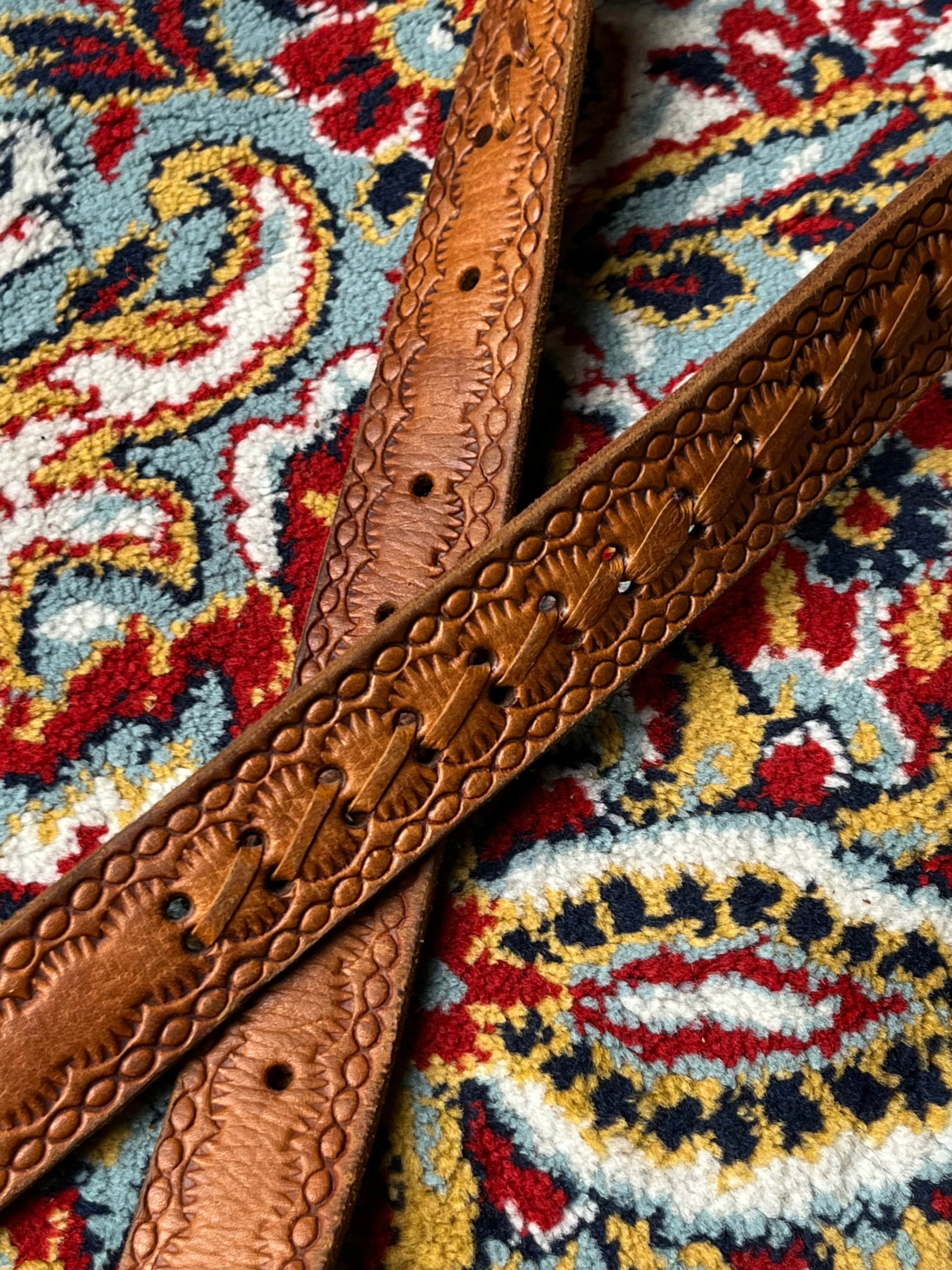 Western Cowboy Tooled Leather Belt Cognac Brown Oak Leaf Pattern