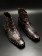 Dark Brown Leather Ankle Boots Double Monk Strap Side Zip Square Toe - 43