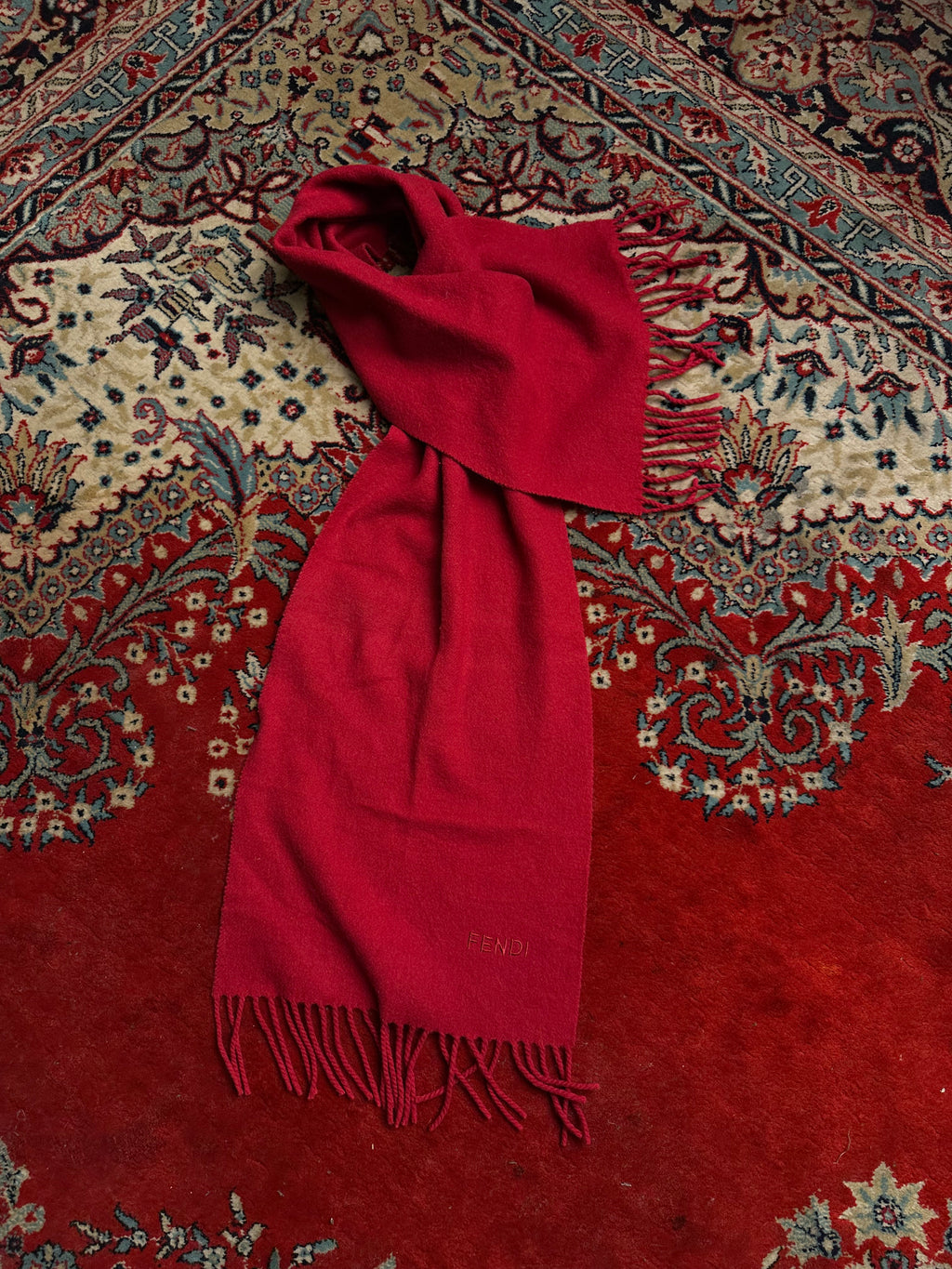 Fendi Burgundy Red Fringe Wool Scarf