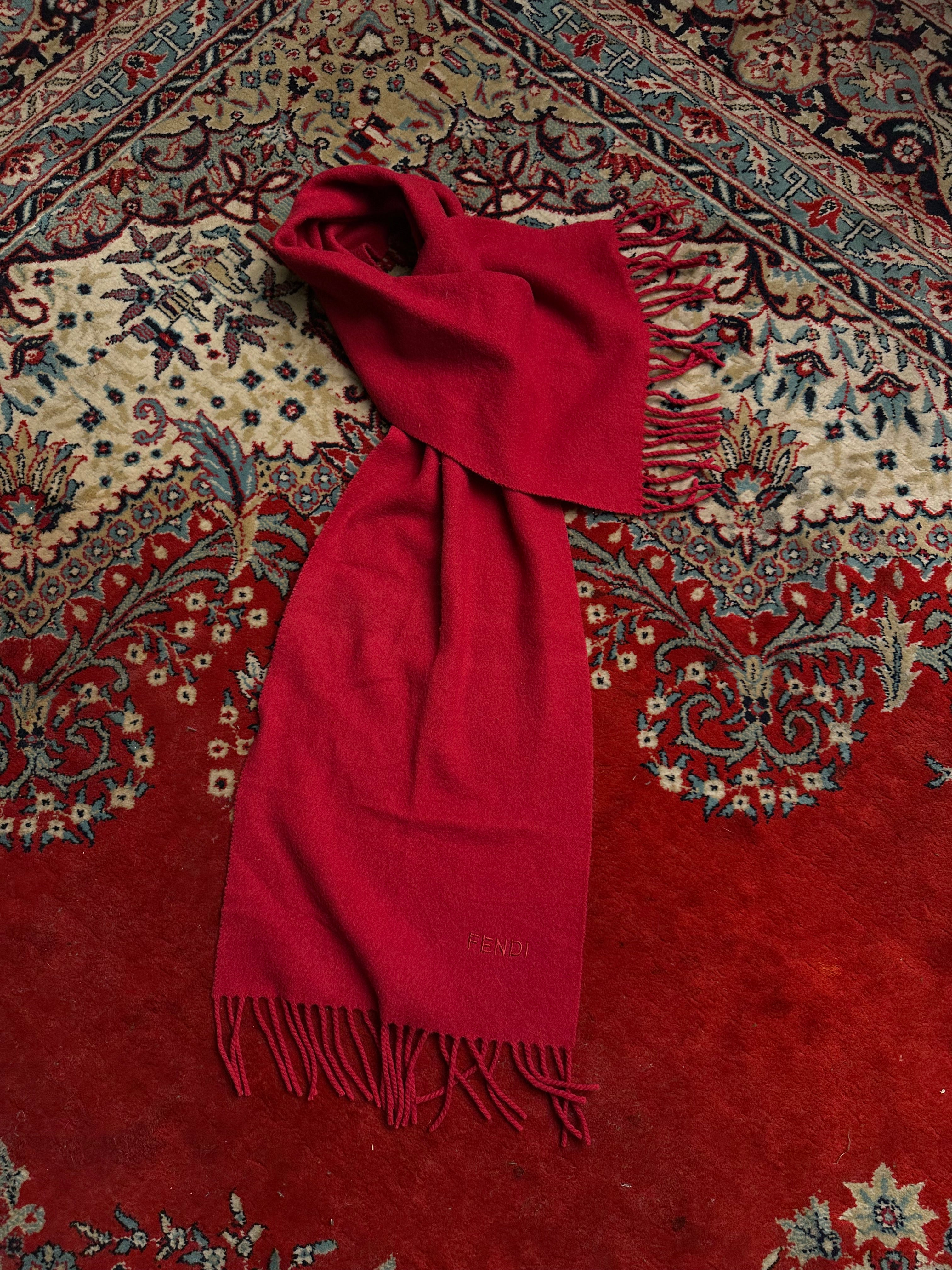 Fendi Burgundy Red Fringe Wool Scarf