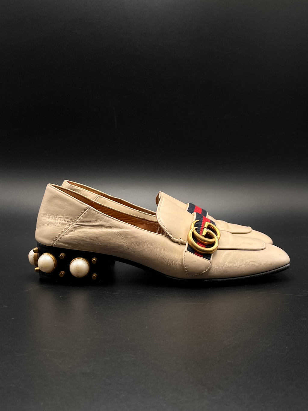 Gucci Cream Leather Embellished GG web Double Pumps