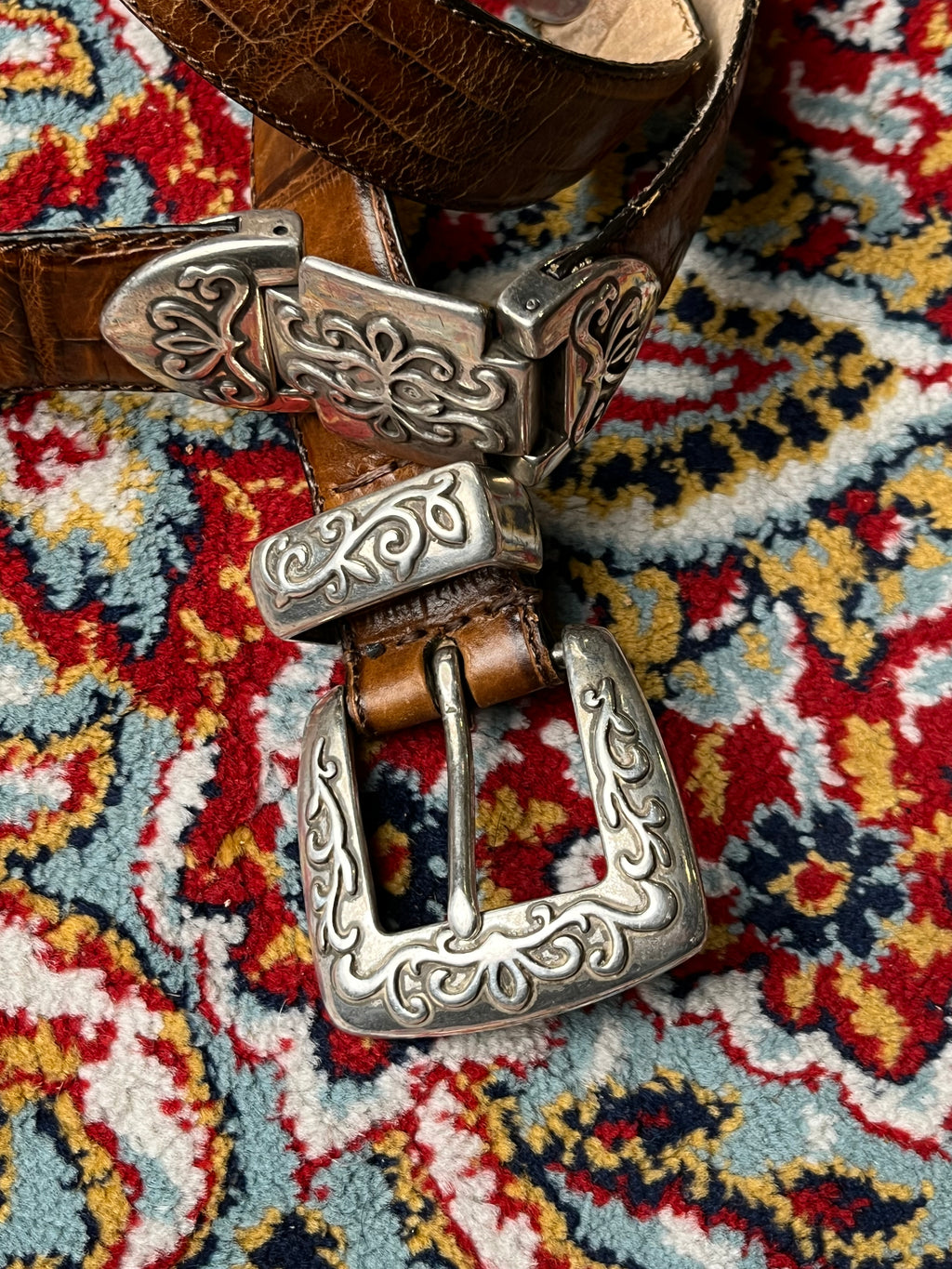 Vintage Western Ranger Belt Brown Croc Embossed Leather Silver Engraved Buckle Set