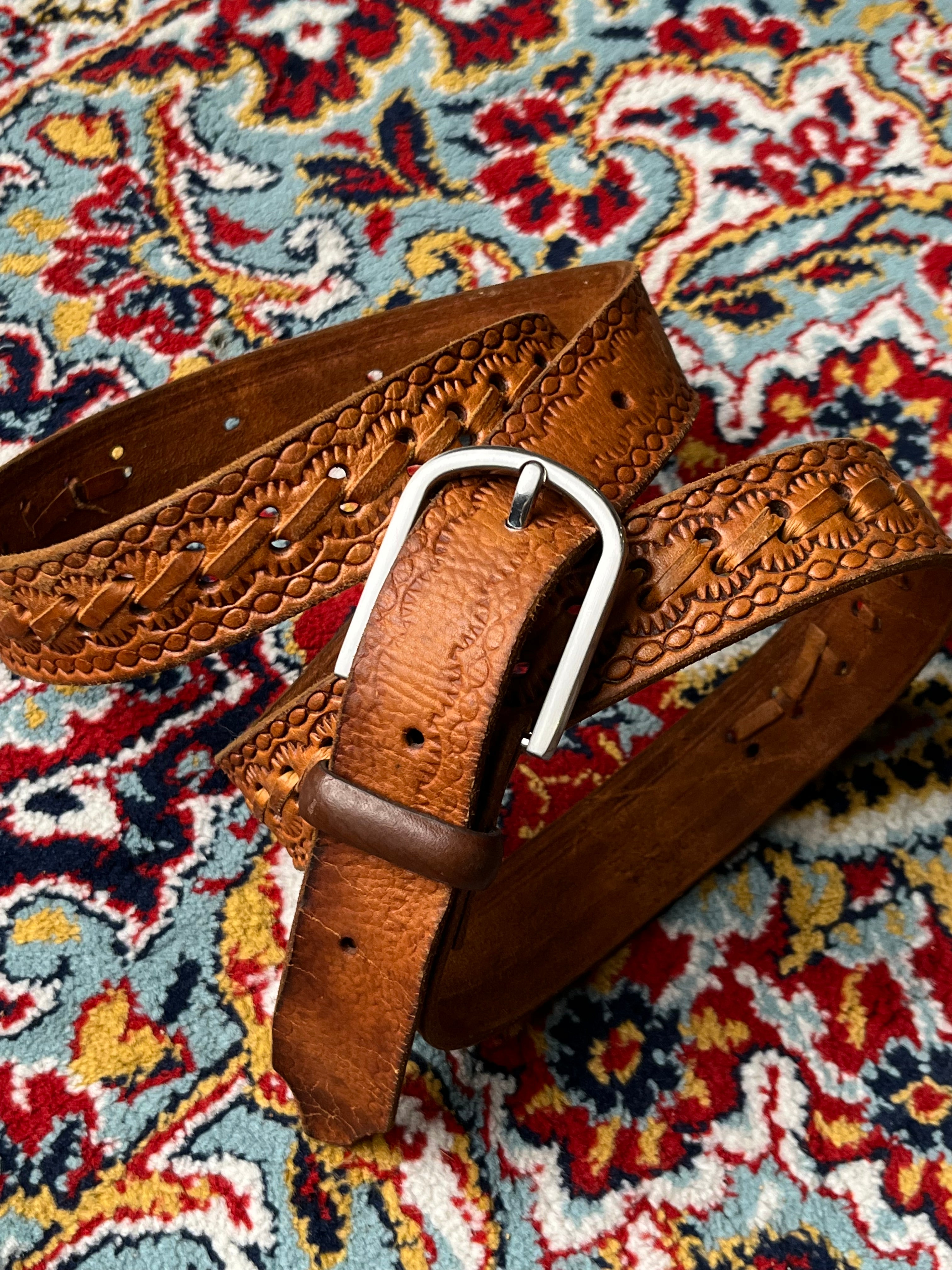Western Cowboy Tooled Leather Belt Cognac Brown Oak Leaf Pattern