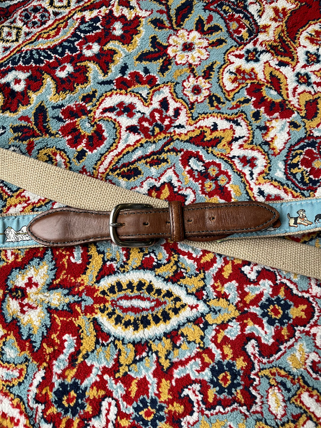 Novelty Walking Dogs Ribbon Canvas Webbing Belt Brown Leather