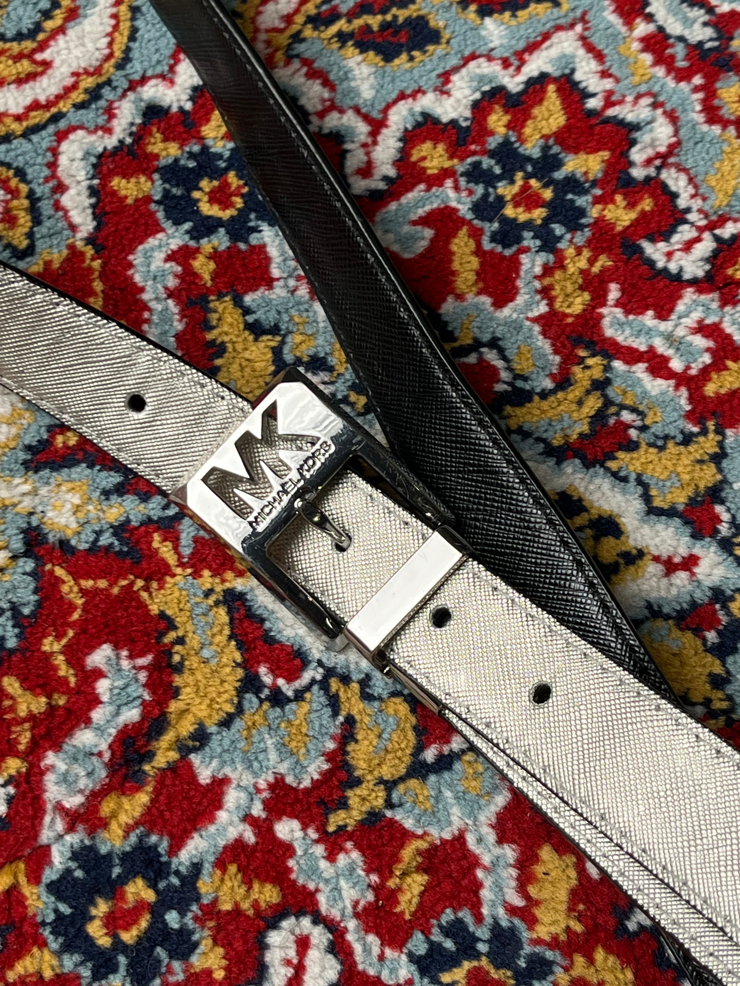 Michael Kors MK Reversible Saffiano Leather Belt Silver Monogram Buckle