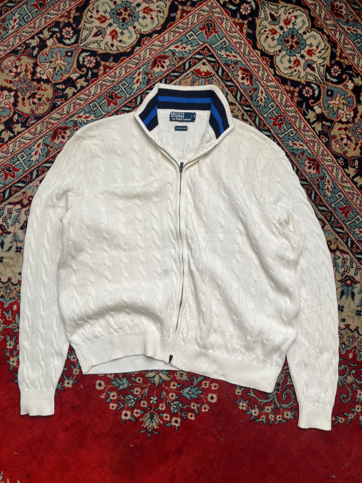 Polo Ralph Lauren White Cable Knit Full Zip Cotton Cardigan - XL