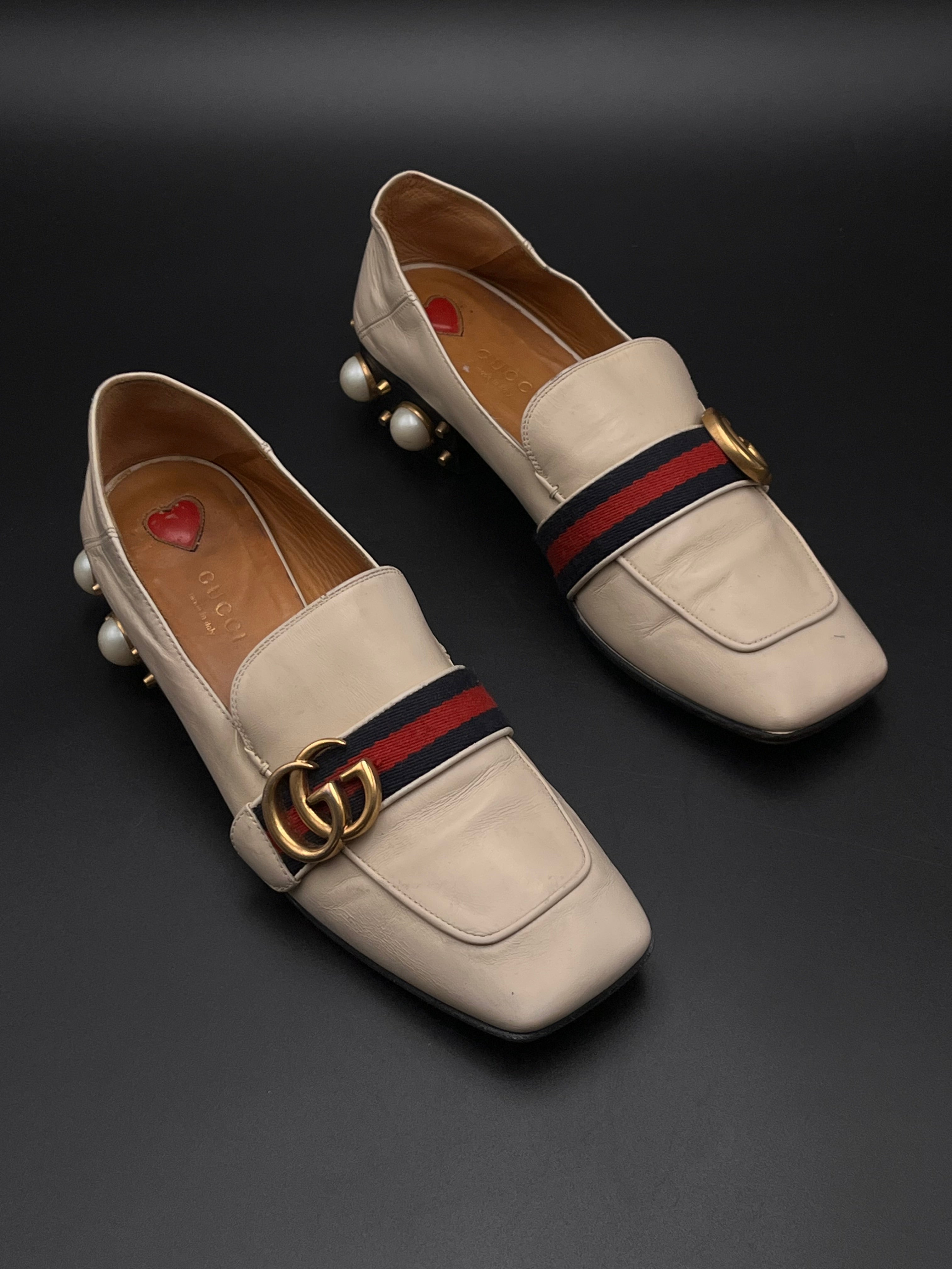 Gucci Cream Leather Embellished GG web Double Pumps