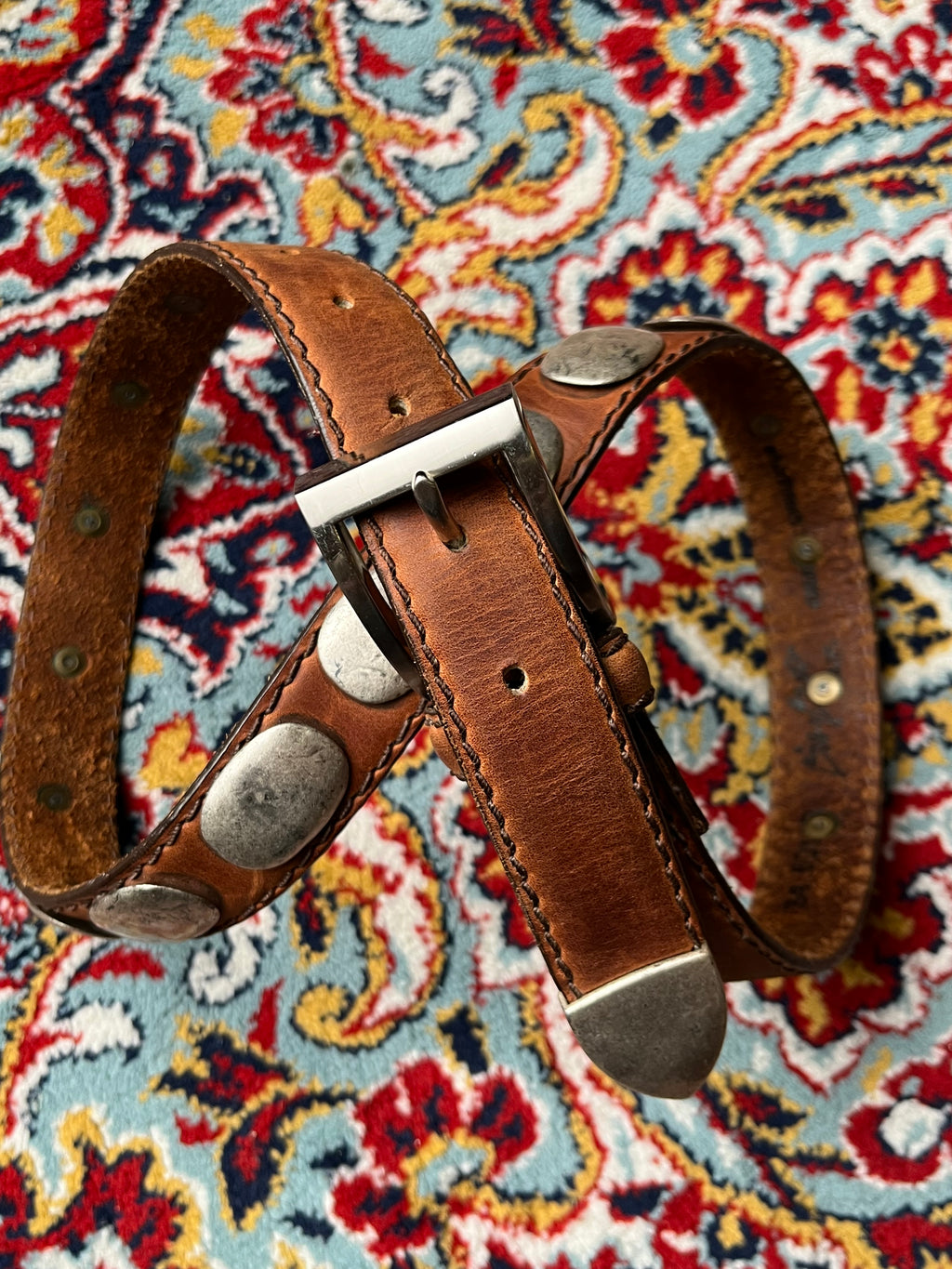 Vintage Southwestern Brown Leather Belt Oval Silver Conchos Studs