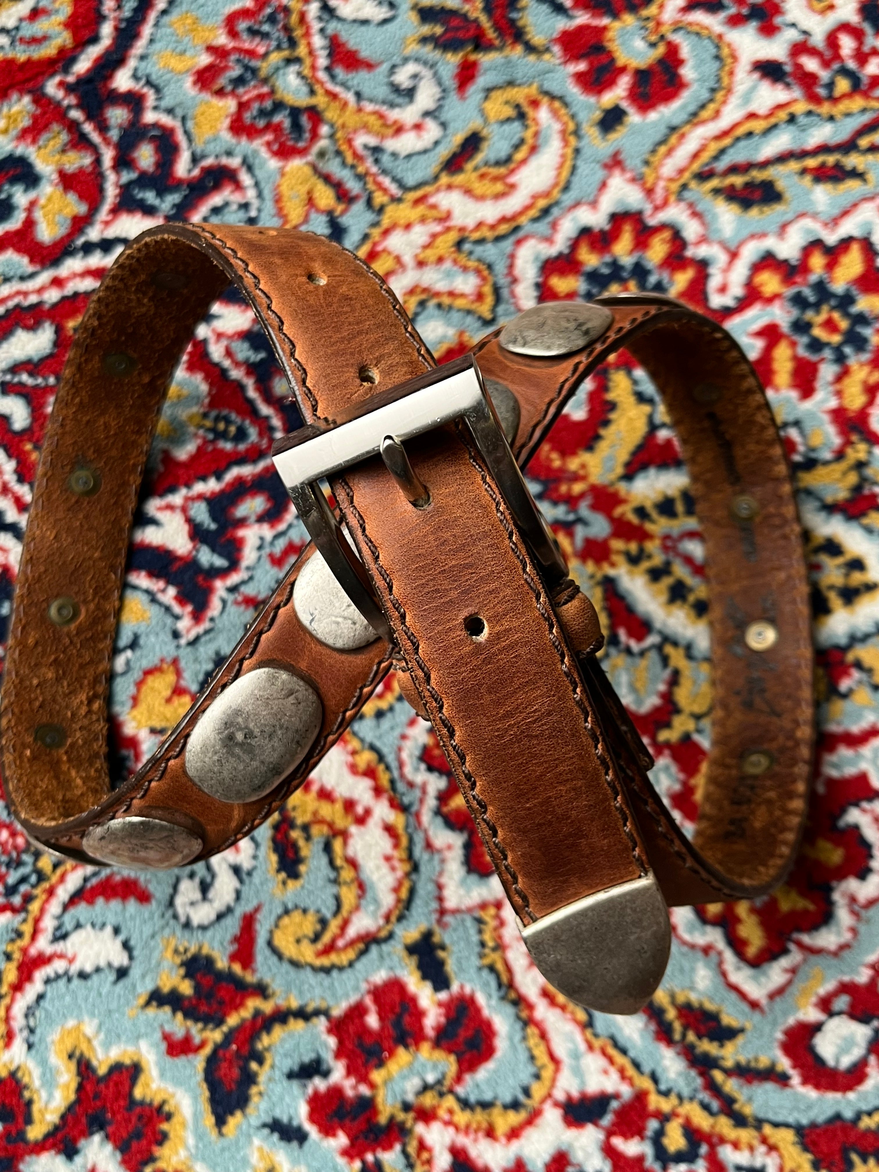 Vintage Southwestern Brown Leather Belt Oval Silver Conchos Studs