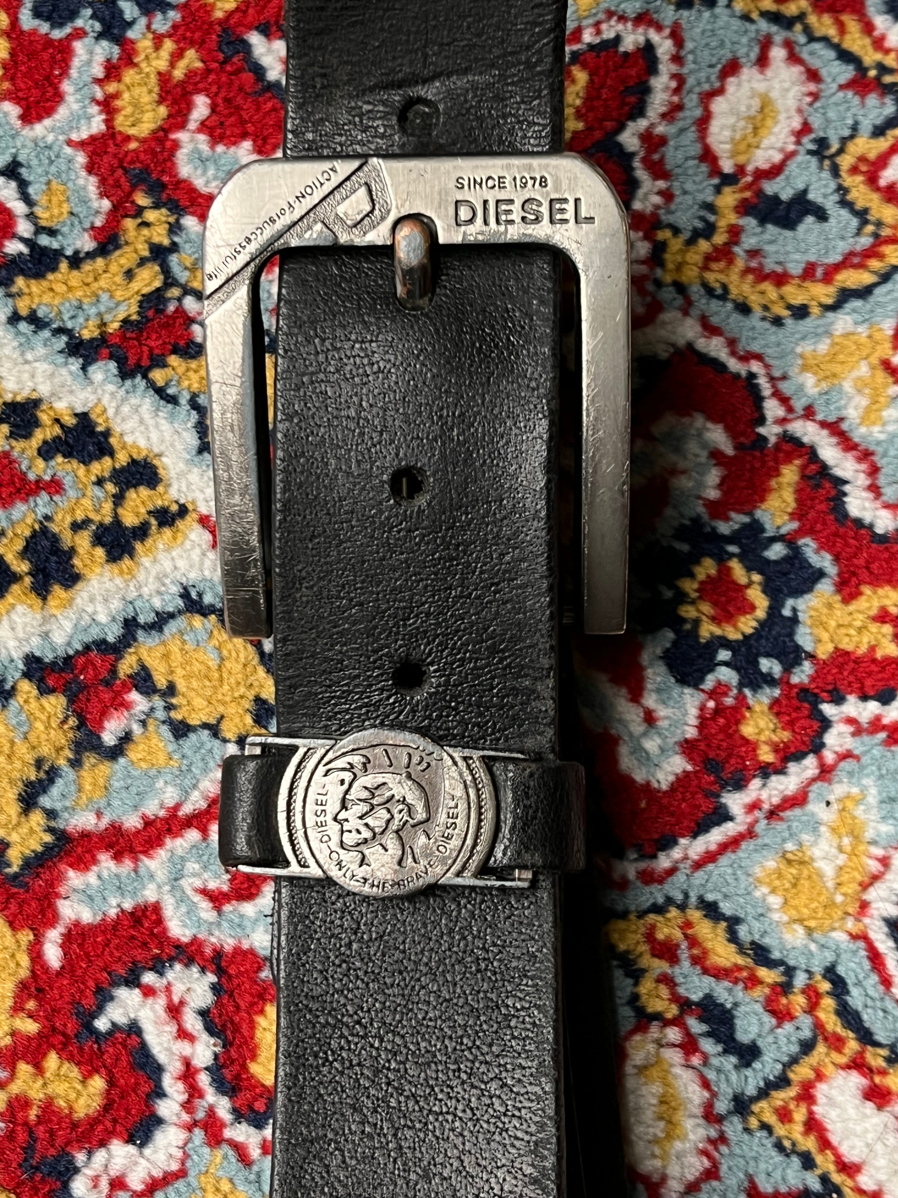 Diesel Black Leather Belt Only The Brave Mohican Logo Buckle