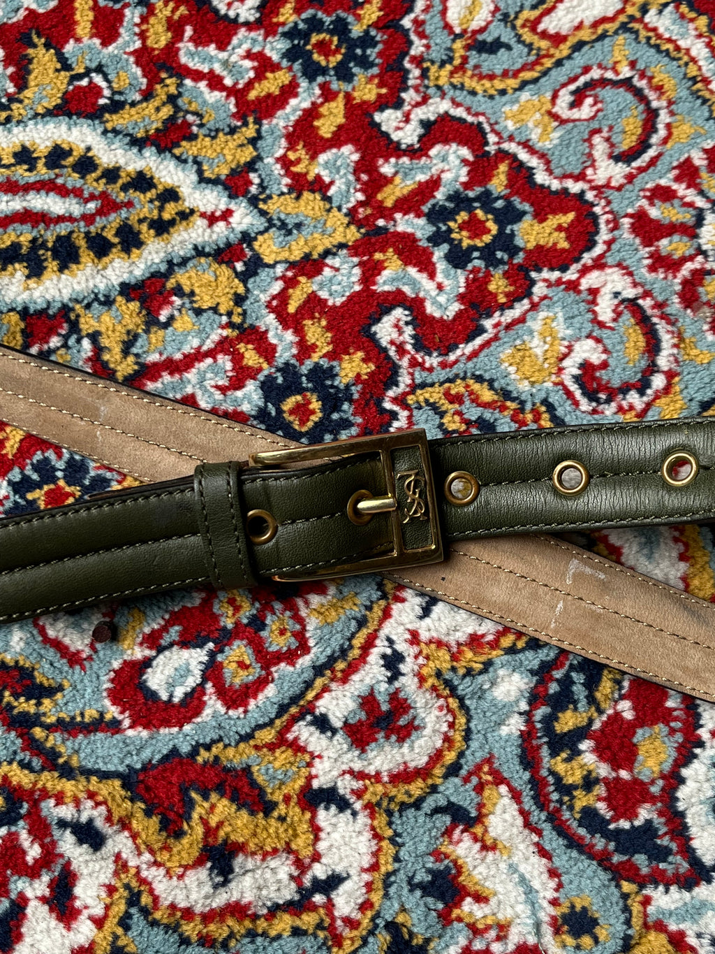 YSL Yves Saint Laurent Green Leather Grommet Belt