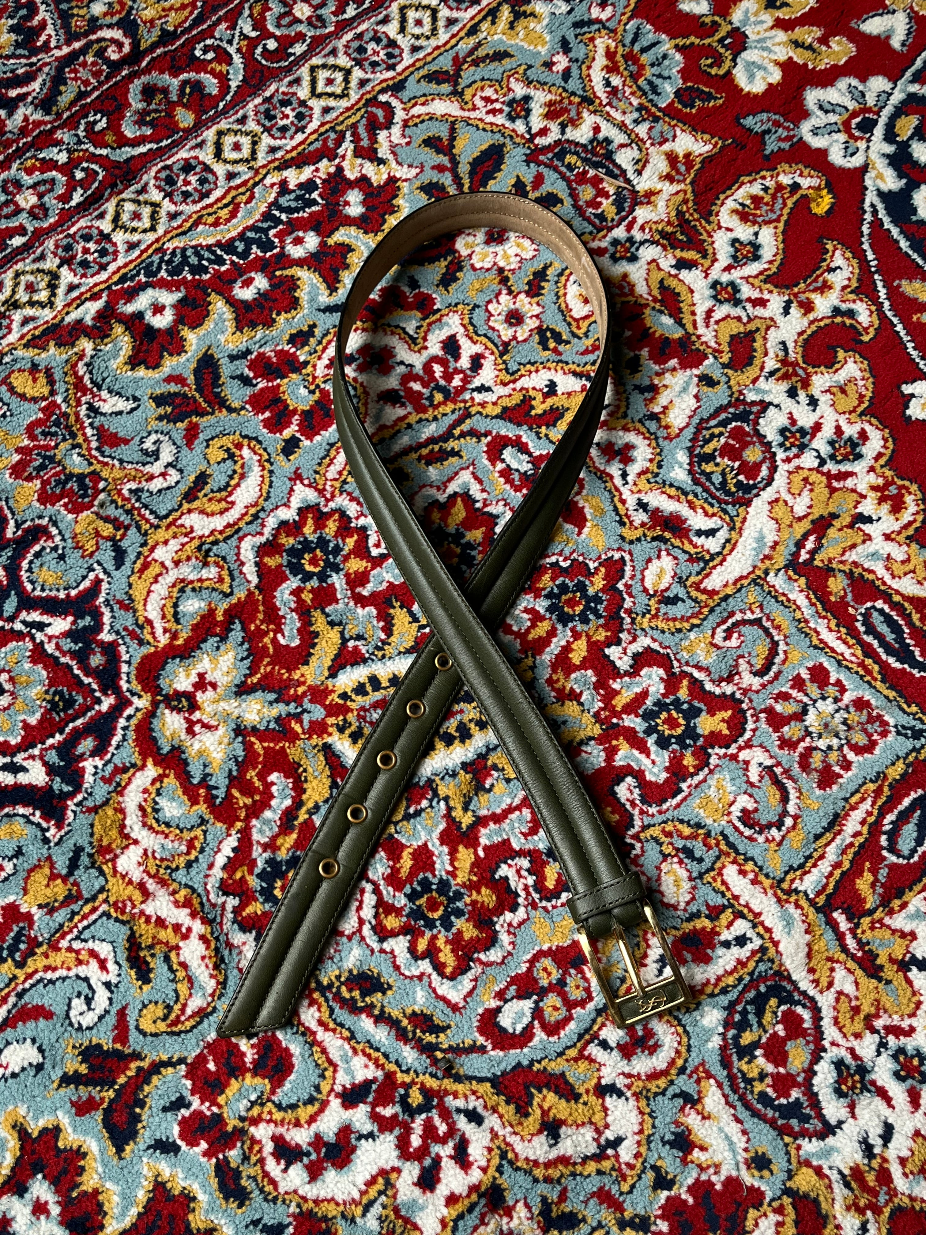 YSL Yves Saint Laurent Green Leather Grommet Belt