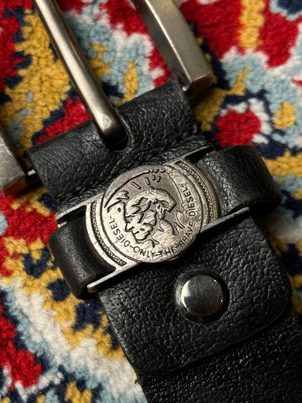 Diesel Black Leather Belt Only The Brave Mohican Logo Buckle