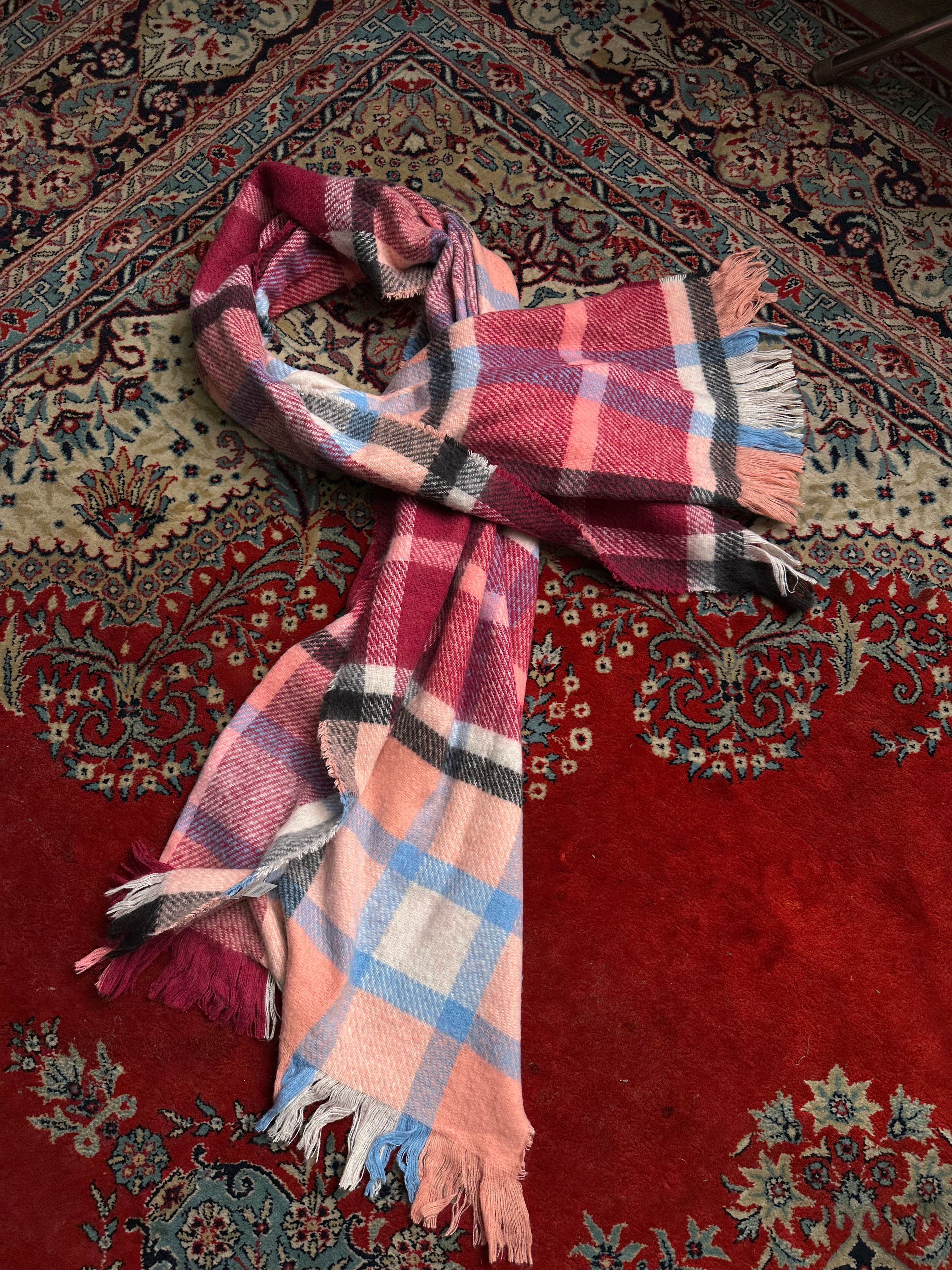 A New Day Oversized Plaid Scarf Muffler Pink Blue Fringed Recycled Polyester