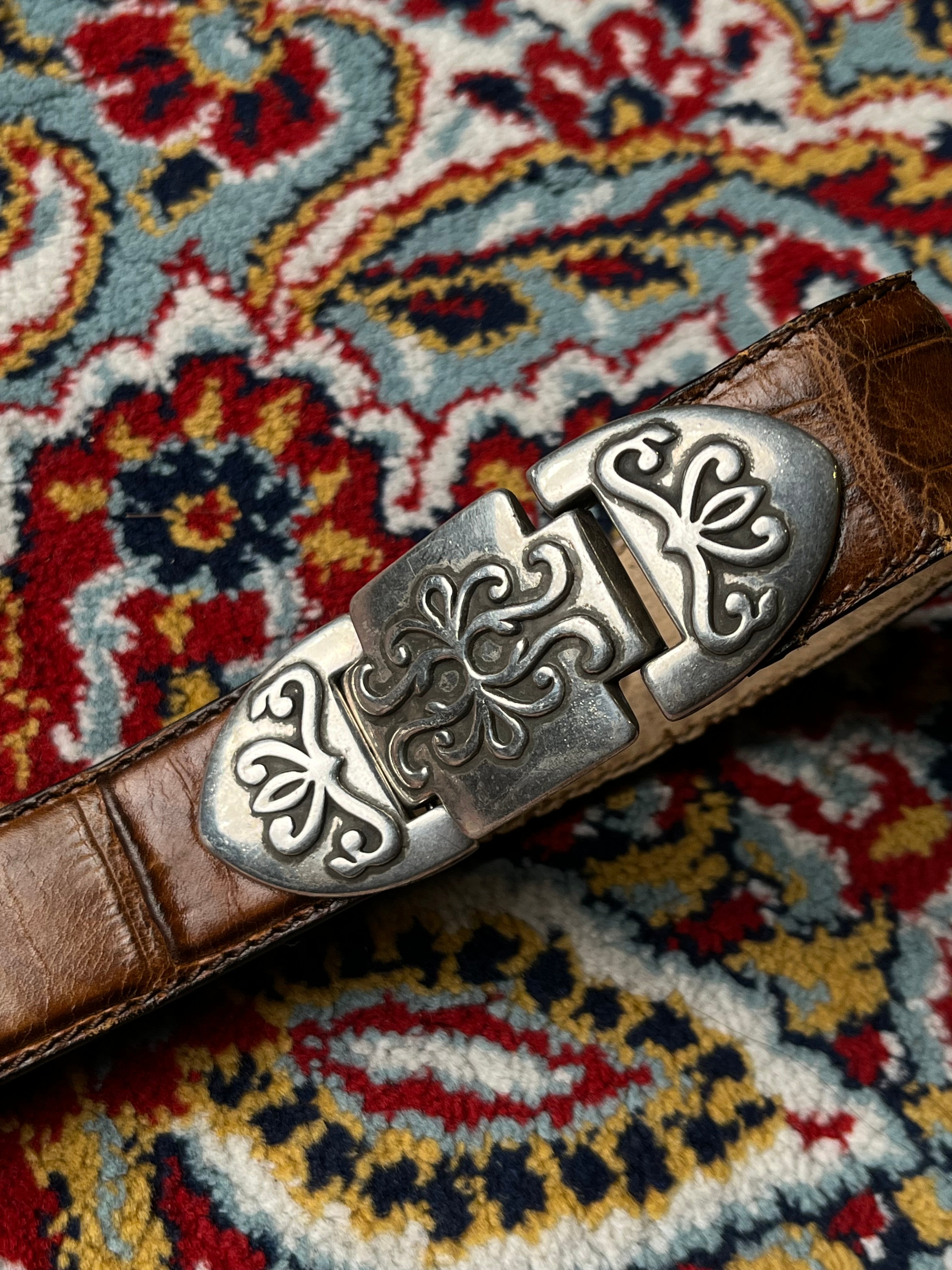 Vintage Western Ranger Belt Brown Croc Embossed Leather Silver Engraved Buckle Set
