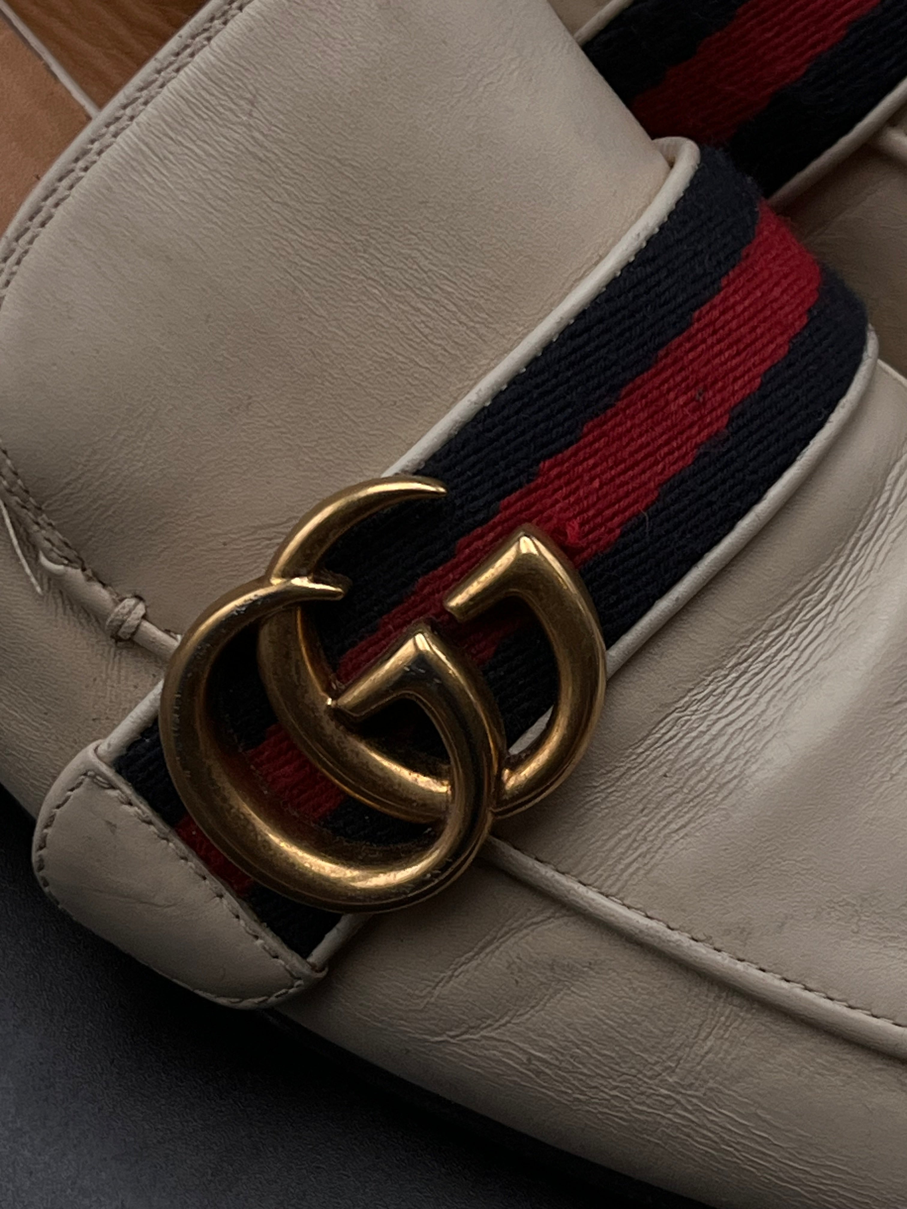 Gucci Cream Leather Embellished GG web Double Pumps