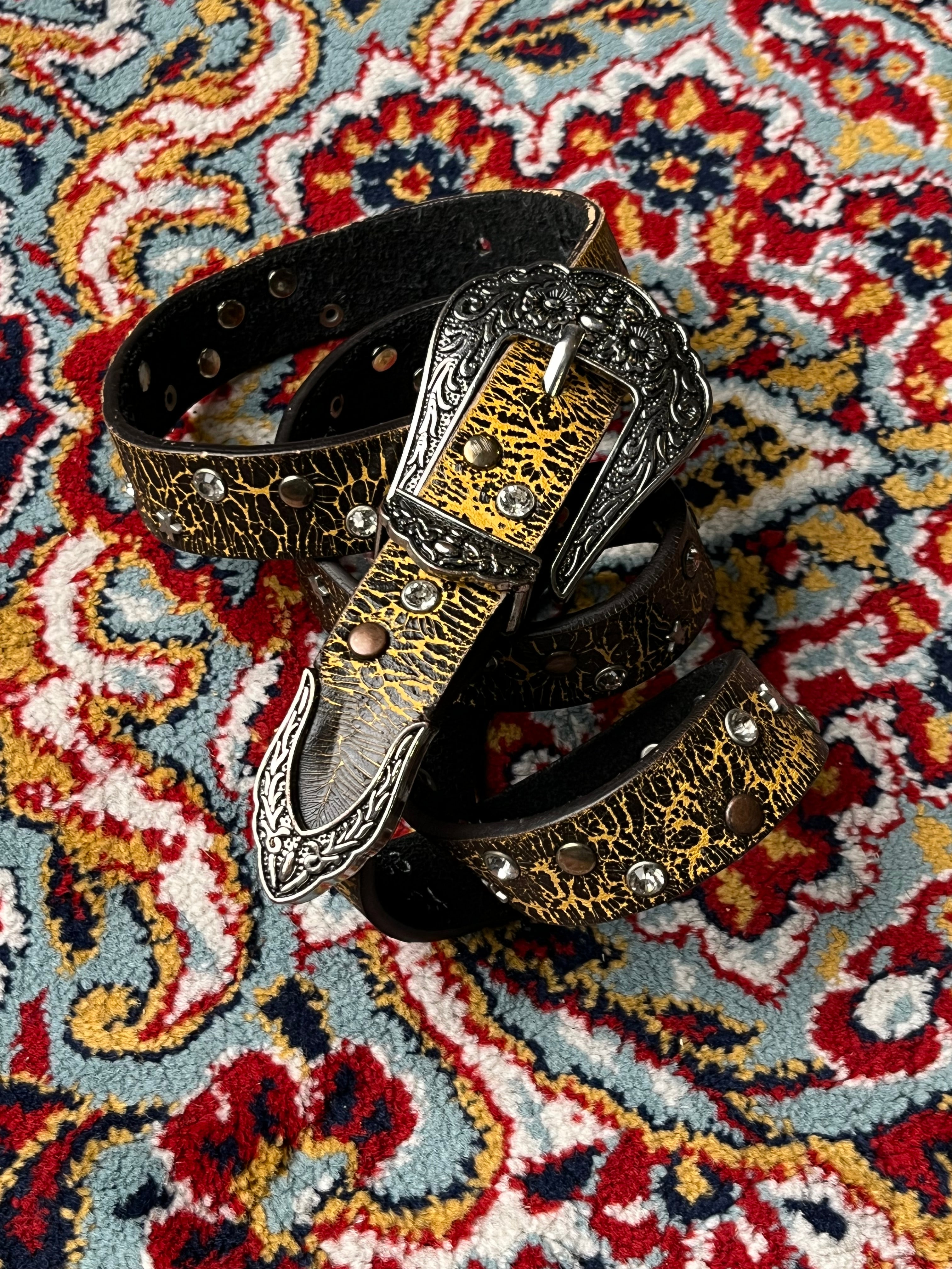 Vintage Bling Rhinestone Cowboy Belt Metallic Gold Distressed Leather