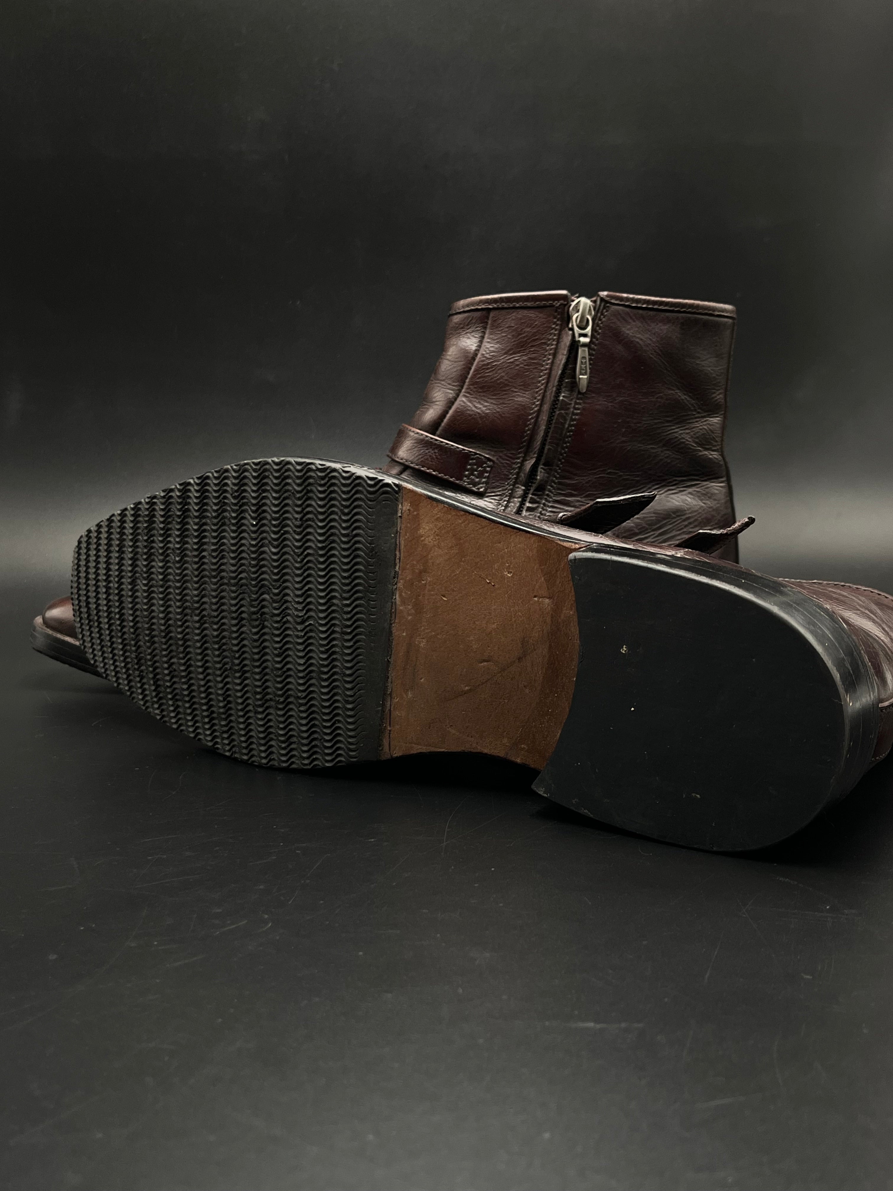 Dark Brown Leather Ankle Boots Double Monk Strap Side Zip Square Toe - 43