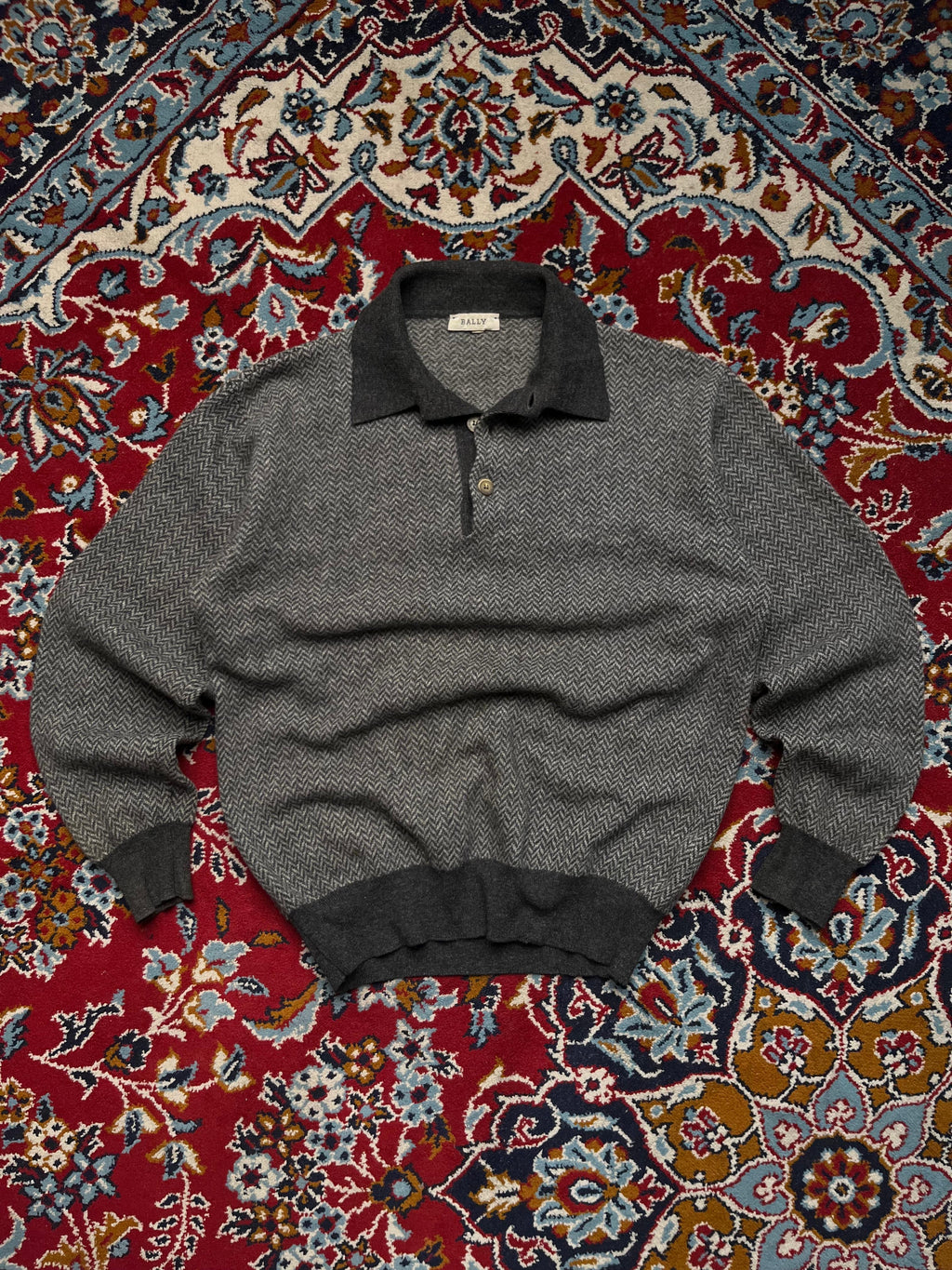 Vintage Bally Herringbone Knit Polo Sweater - S