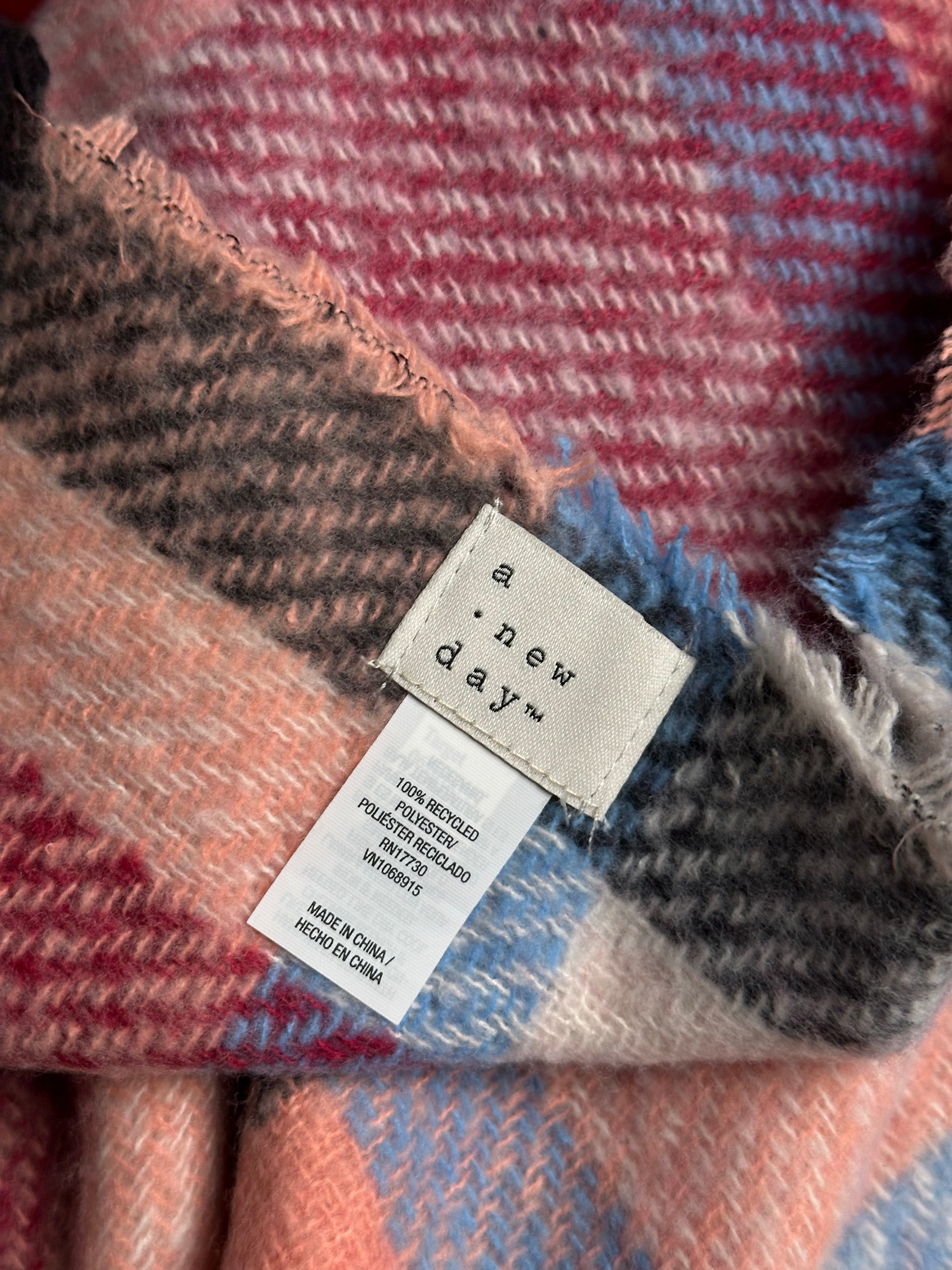 A New Day Oversized Plaid Scarf Muffler Pink Blue Fringed Recycled Polyester