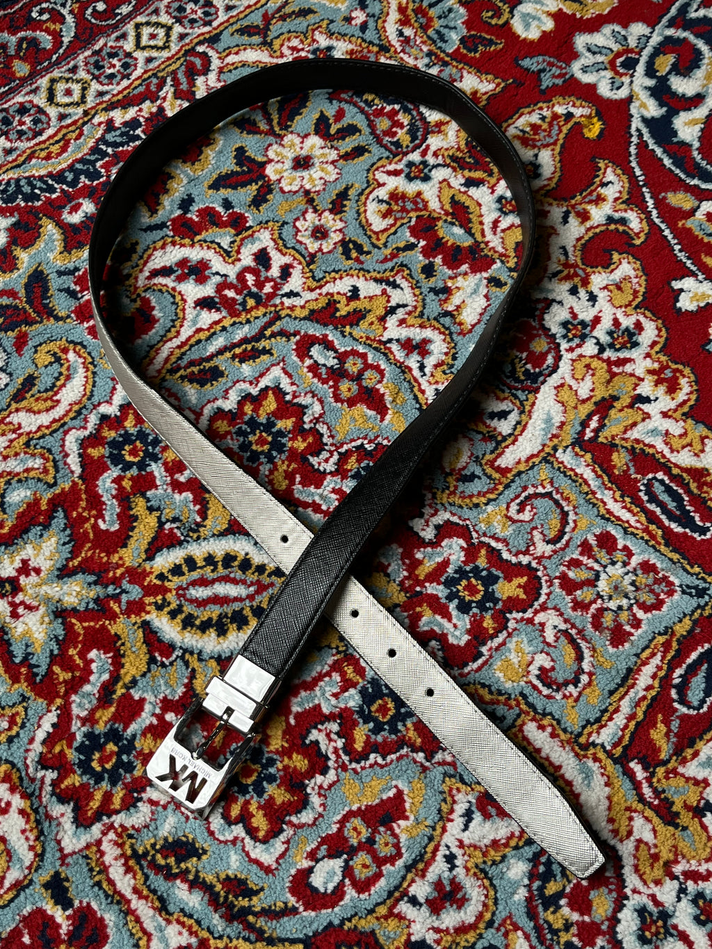 Michael Kors MK Reversible Saffiano Leather Belt Silver Monogram Buckle