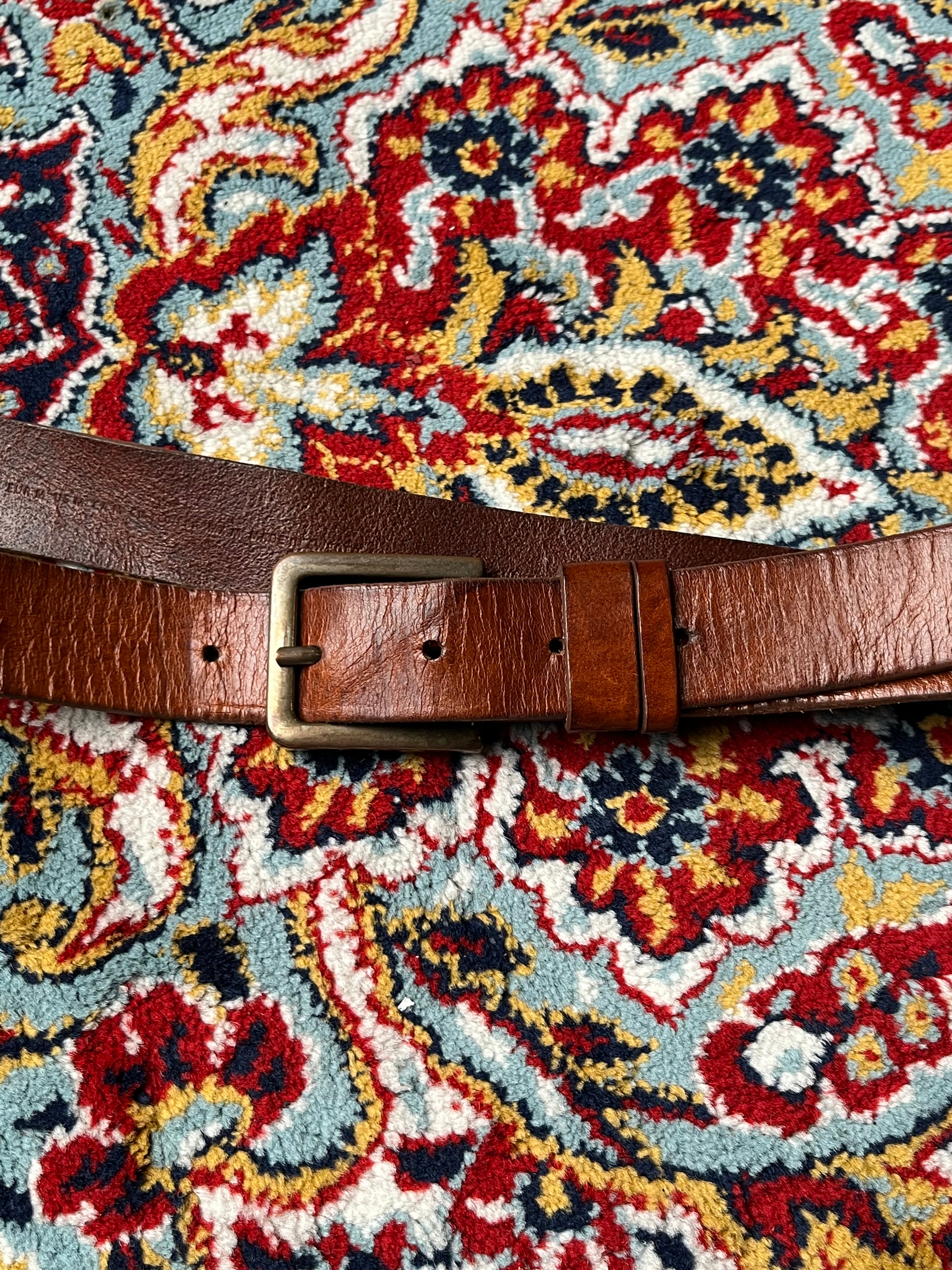 H&M Men's Cognac Brown Full Grain Leather Belt Antique Brass Buckle