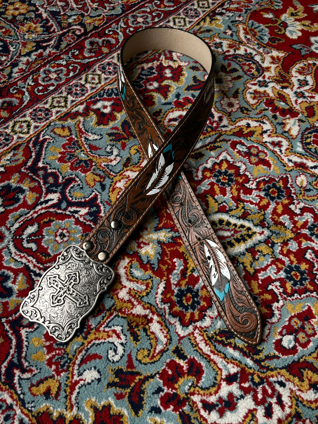 Western Cowboy Tooled Leather Belt Painted Feather Trophy Buckle Cross