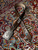 Western Cowboy Tooled Leather Belt Painted Feather Trophy Buckle Cross
