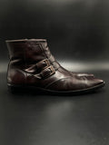 Dark Brown Leather Ankle Boots Double Monk Strap Side Zip Square Toe - 43