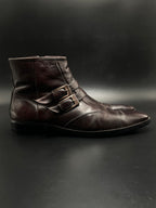 Dark Brown Leather Ankle Boots Double Monk Strap Side Zip Square Toe - 43