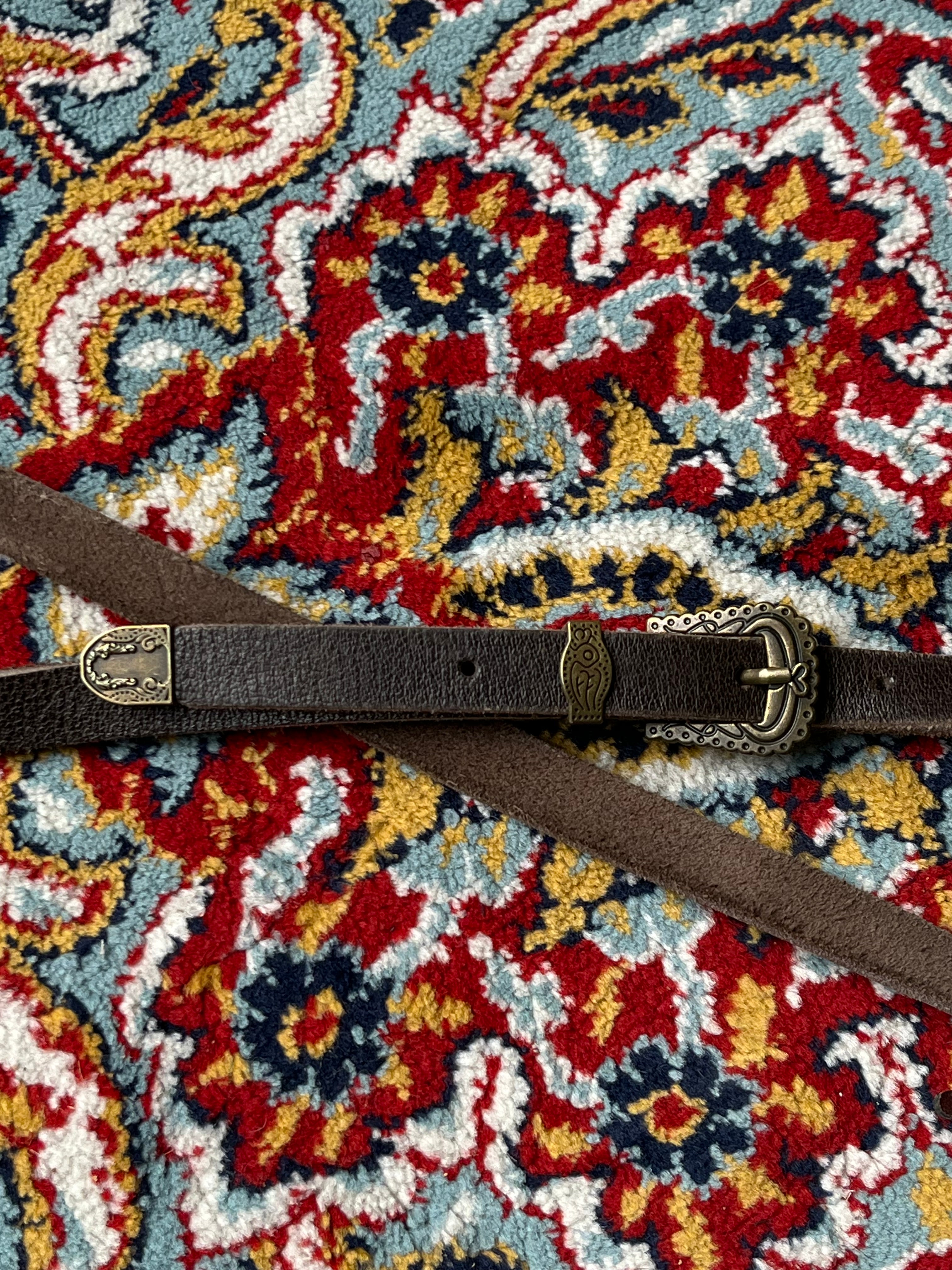 Women's Dark Brown Leather Western Ranger Belt Antique Brass Engraved Buckle