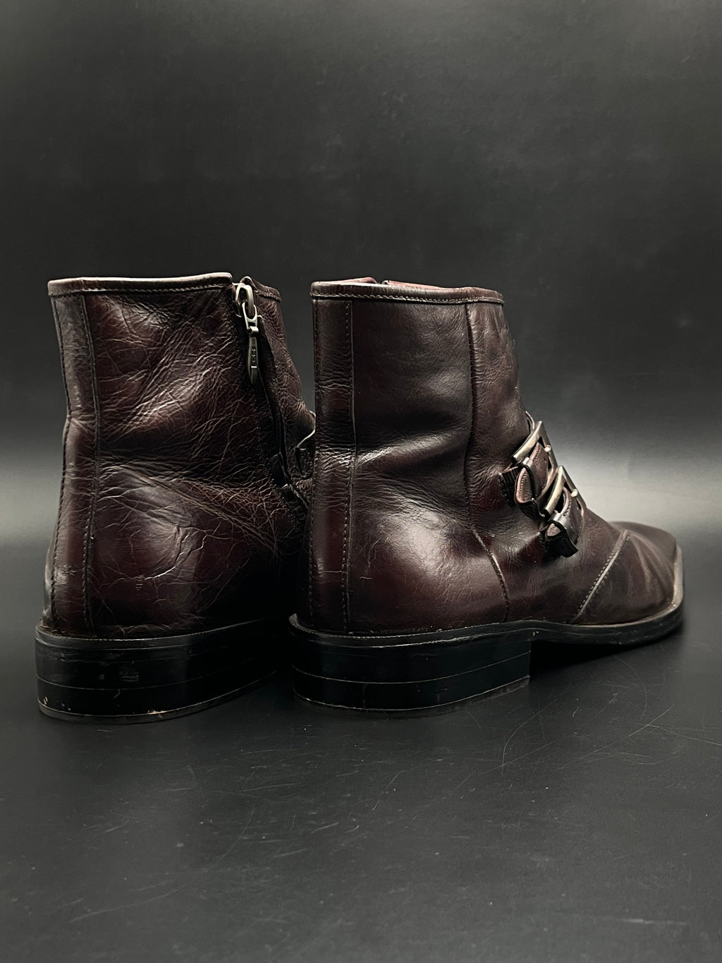 Dark Brown Leather Ankle Boots Double Monk Strap Side Zip Square Toe - 43