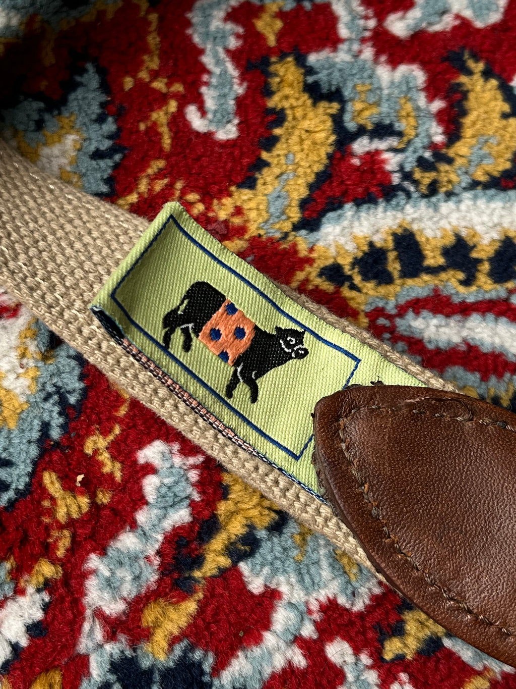 Novelty Walking Dogs Ribbon Canvas Webbing Belt Brown Leather