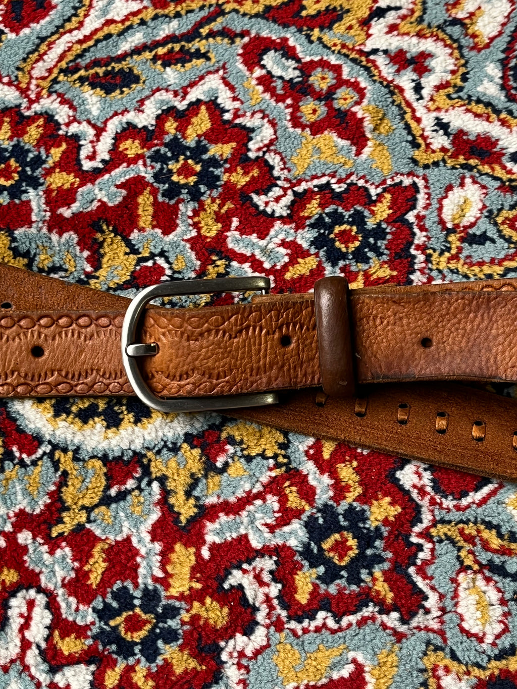 Western Cowboy Tooled Leather Belt Cognac Brown Oak Leaf Pattern