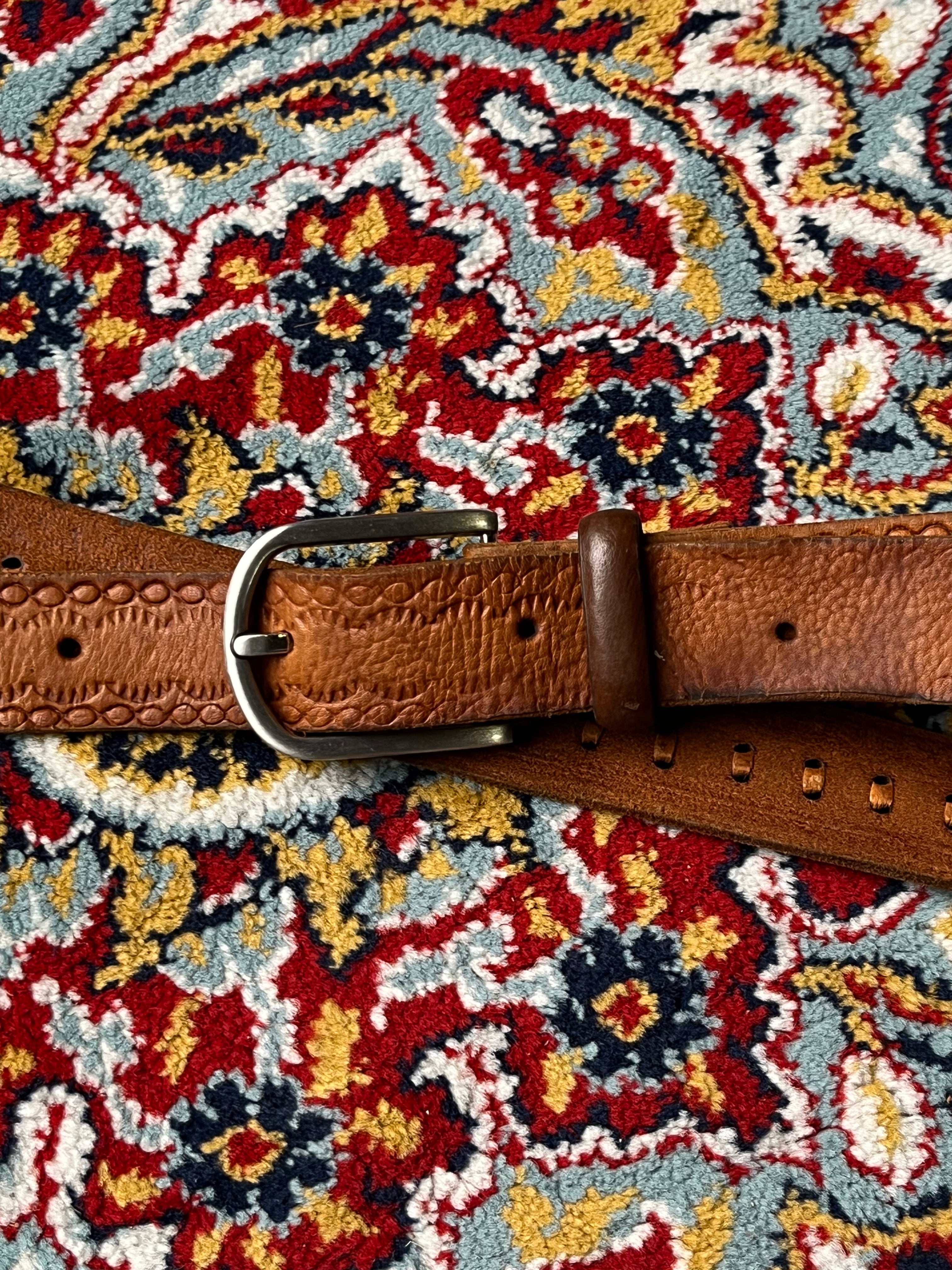 Western Cowboy Tooled Leather Belt Cognac Brown Oak Leaf Pattern