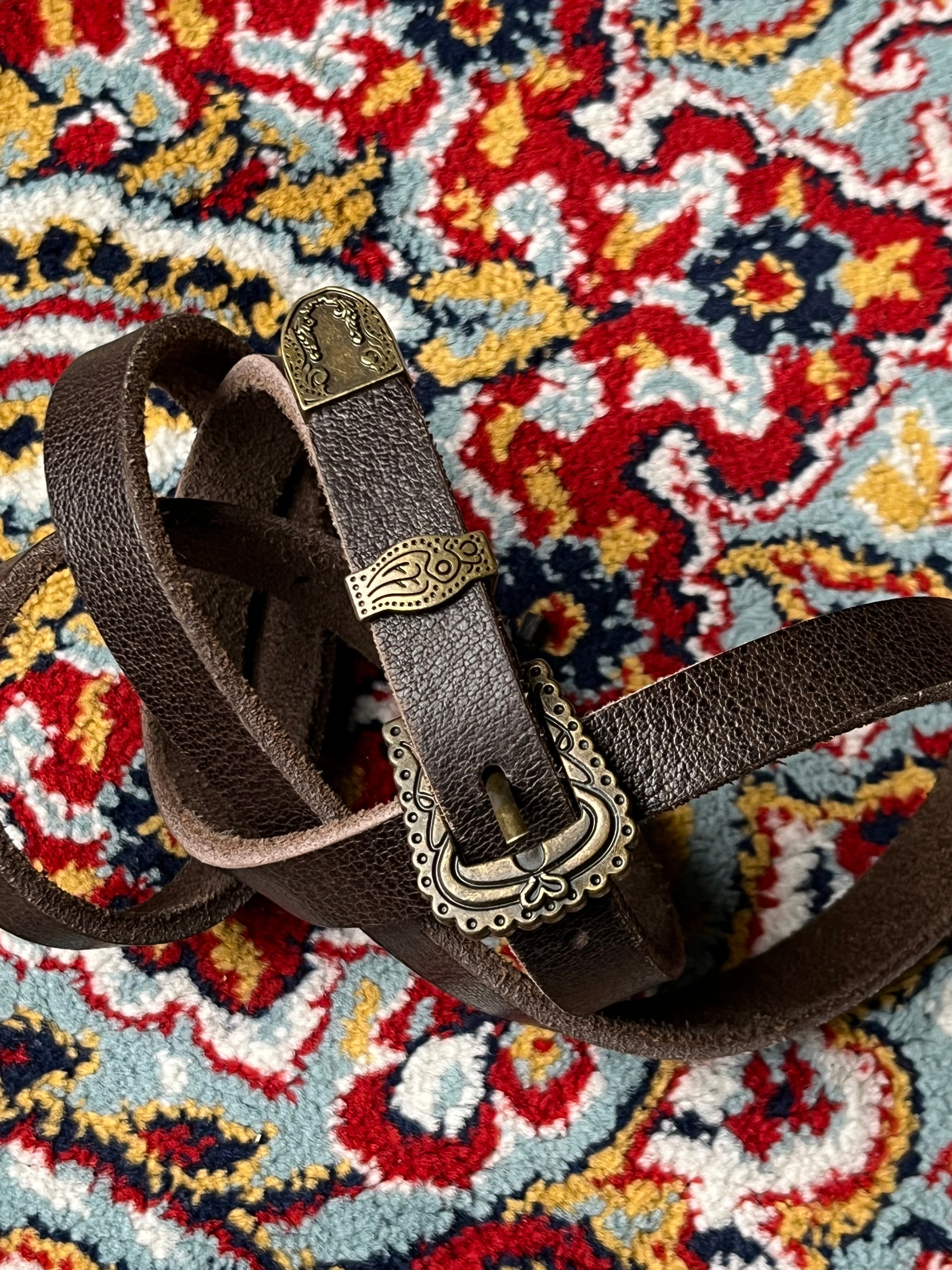 Women's Dark Brown Leather Western Ranger Belt Antique Brass Engraved Buckle